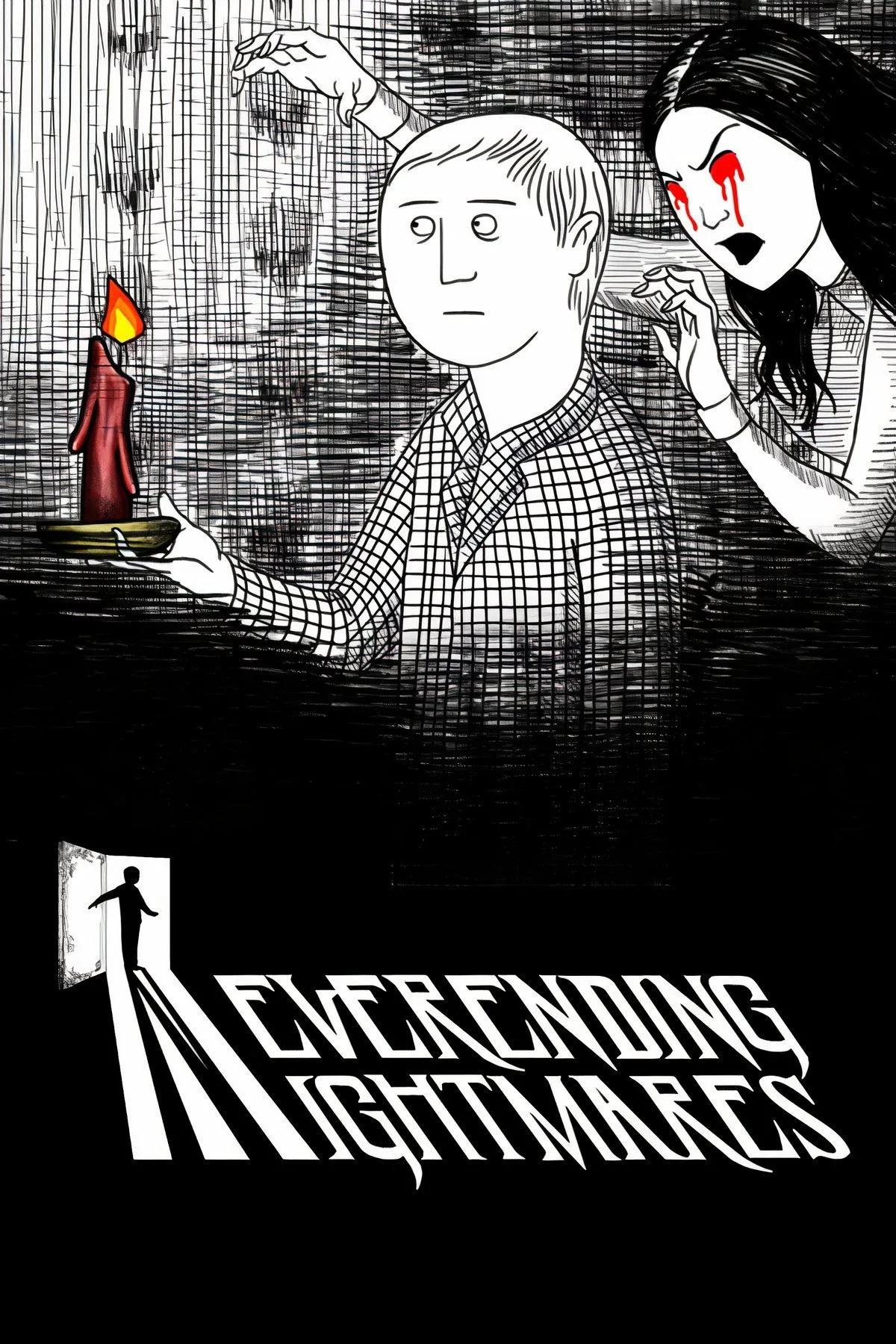 Giao diện chính của Neverending Nightmares, một game kinh dị tâm lý với đồ họa đen trắng được vẽ tay, thể hiện một không gian đầy rẫy nỗi sợ hãi và sự bất ổn tinh thần.