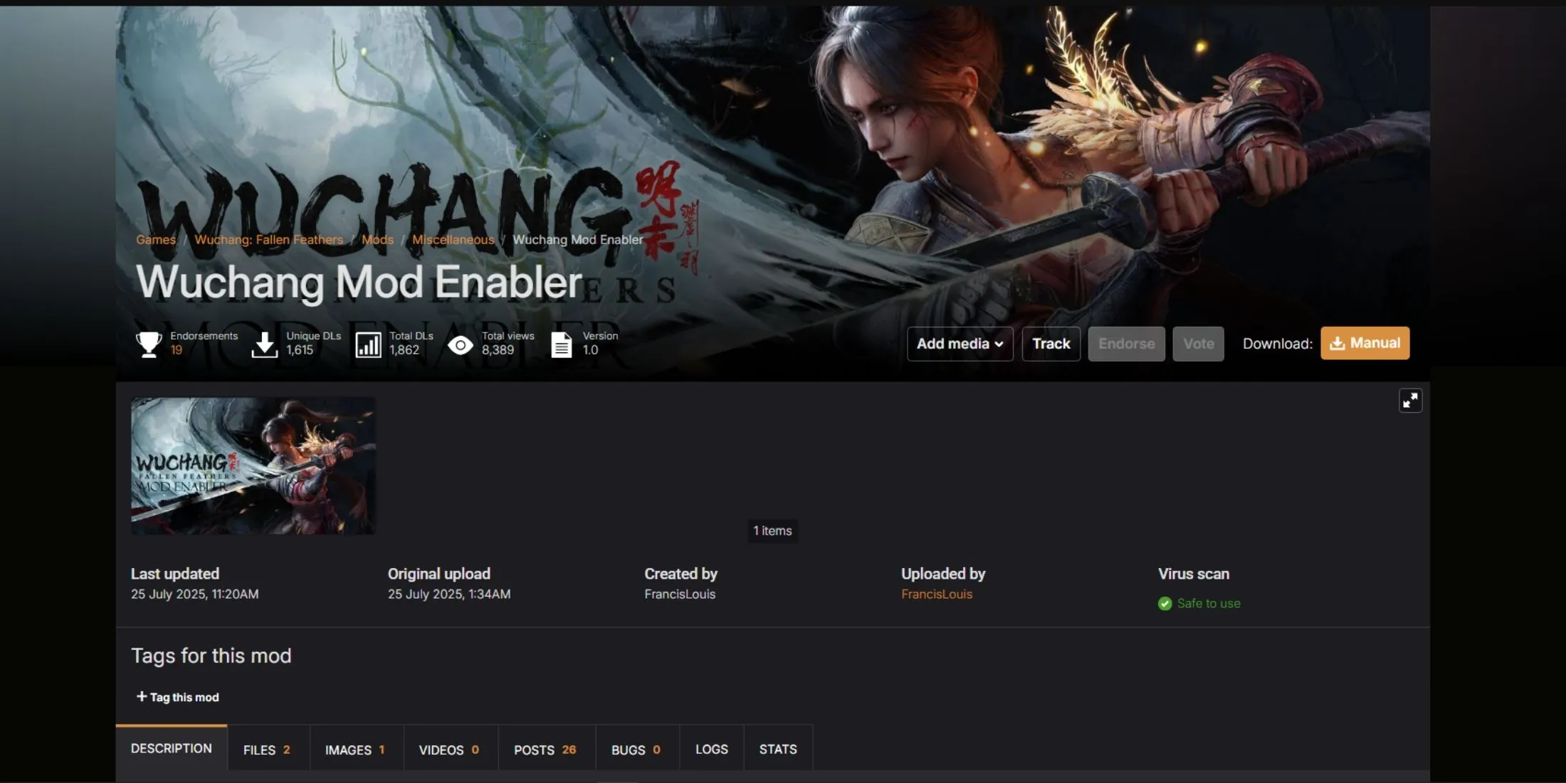 Giao diện công cụ Wuchang Mod Enabler, thiết yếu để kích hoạt các mod trong Wuchang Fallen Feathers.