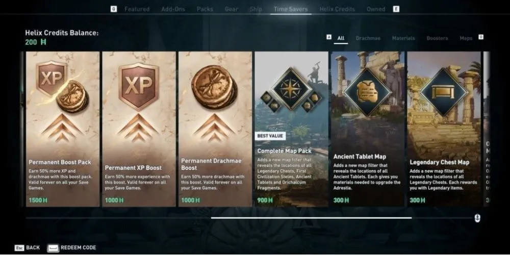 Giao diện cửa hàng vật phẩm (microtransactions) trong game Assassin's Creed Odyssey