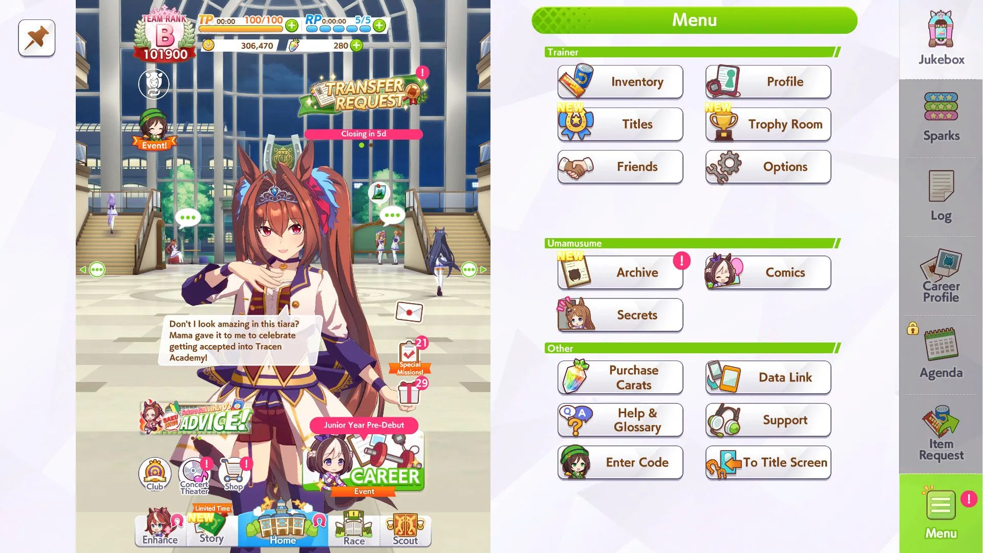 Giao diện màn hình chính của game Umamusume: Pretty Derby