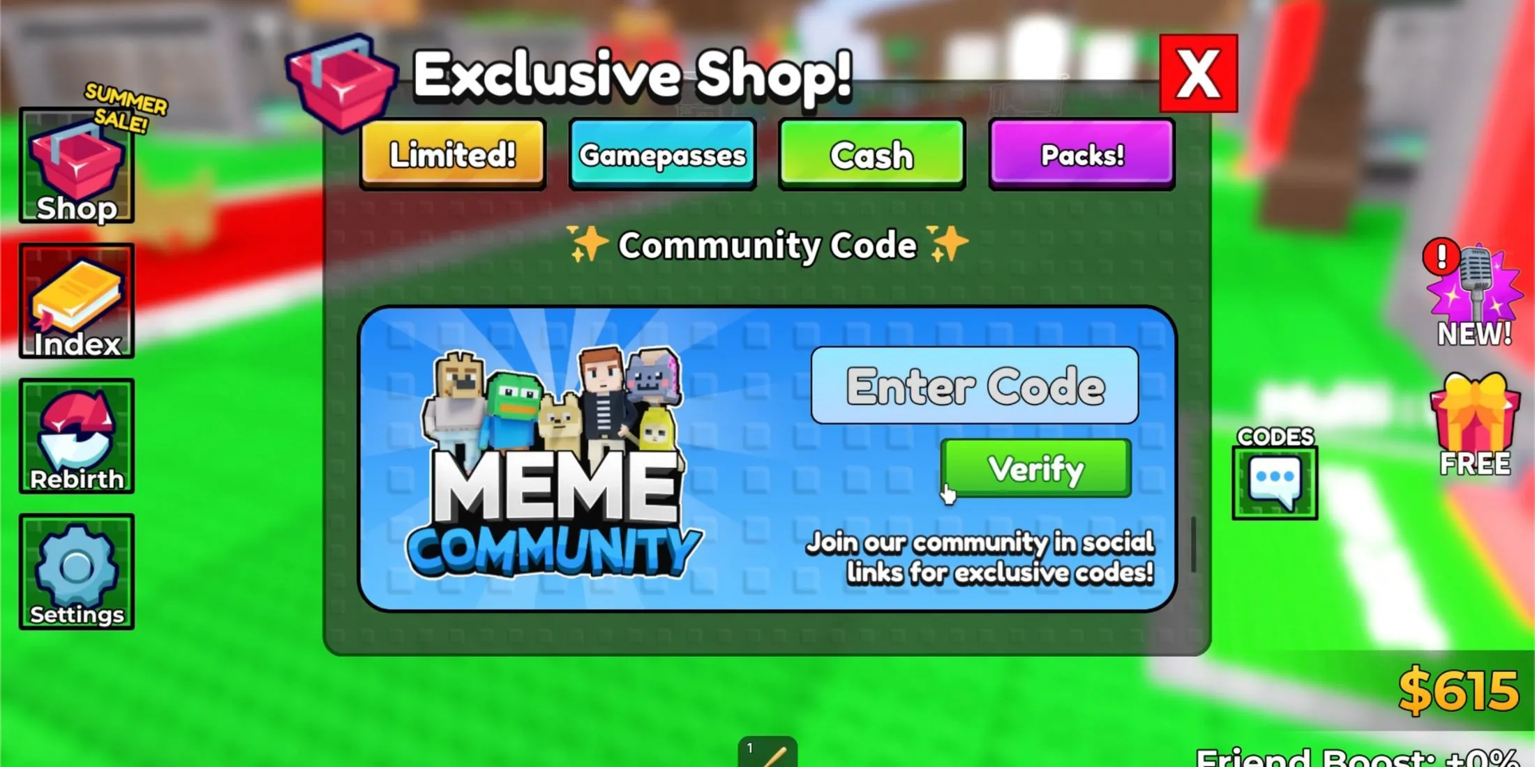 Giao diện mục nhập code trong game Steal a Meme trên Roblox