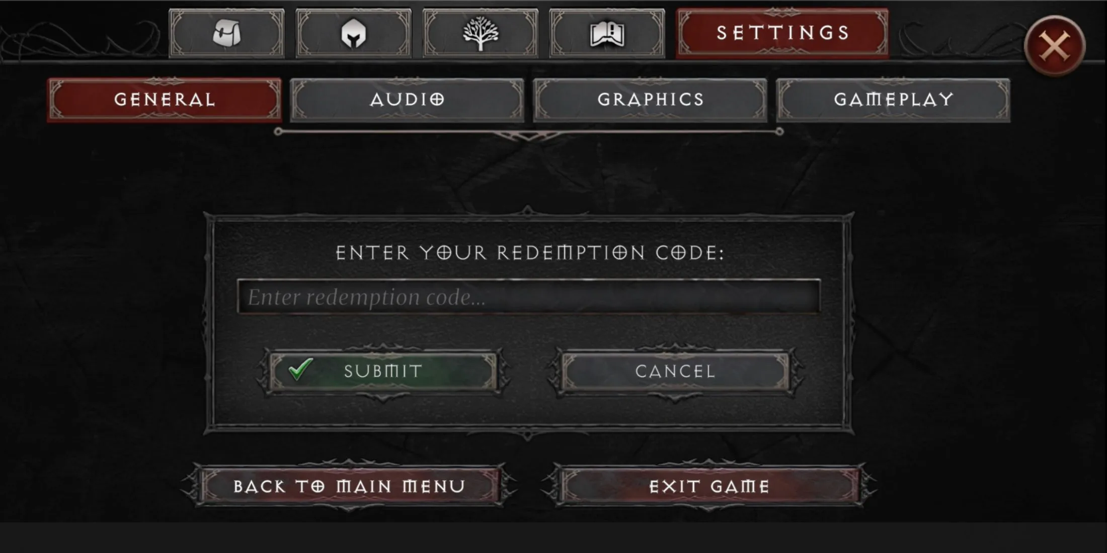 Giao diện nhập mã code trong game Vampire's Fall 2, với ô trống để điền mã và nút xác nhận, minh họa quy trình đổi thưởng đơn giản.