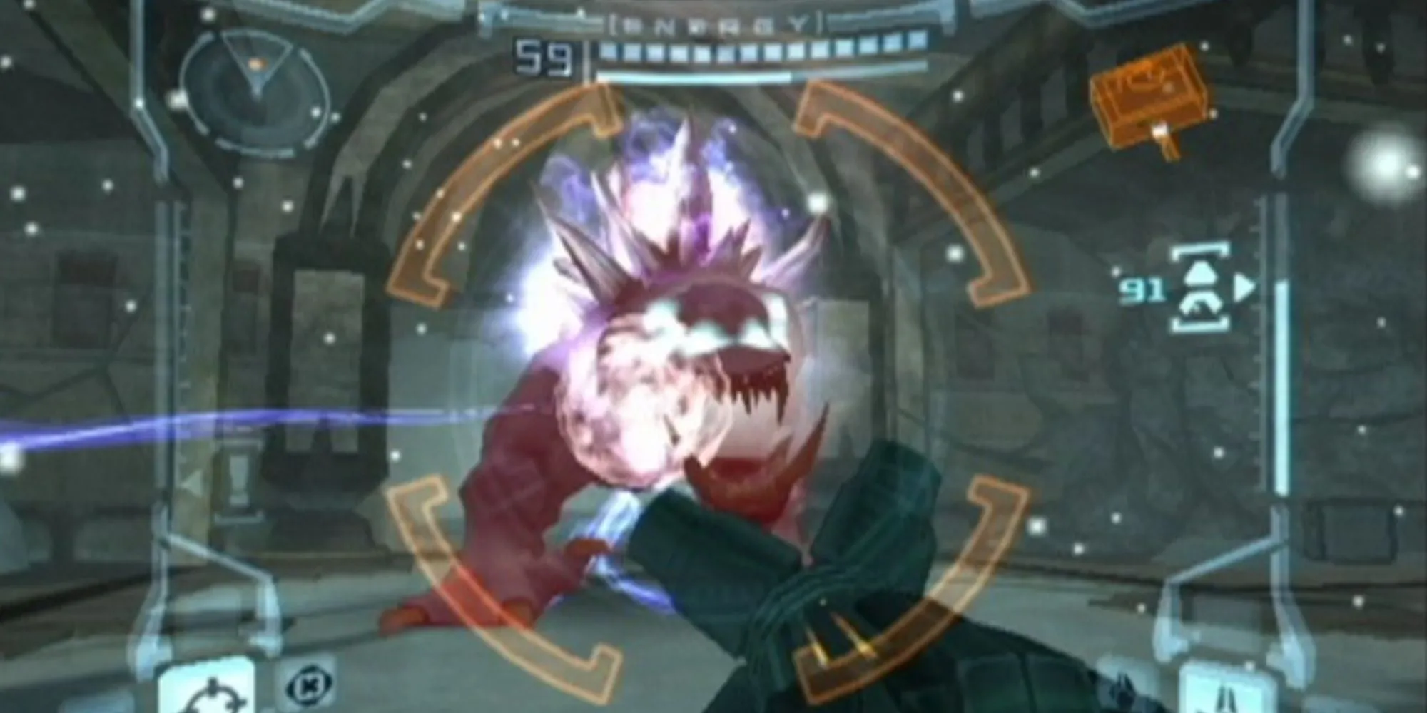Góc nhìn thứ nhất trong Metroid Prime, hiển thị giao diện HUD và môi trường game