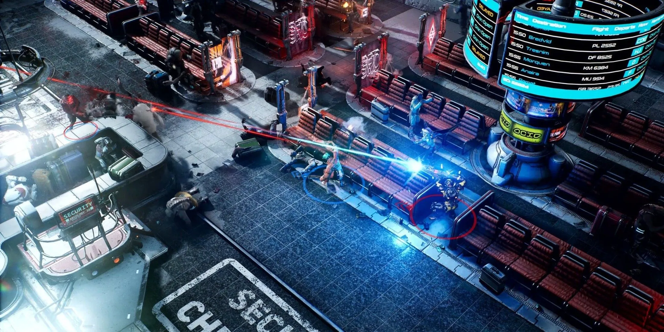 Hai Indent trong The Ascent đang giao chiến với kẻ thù trong một môi trường cyberpunk rực rỡ và hỗn loạn