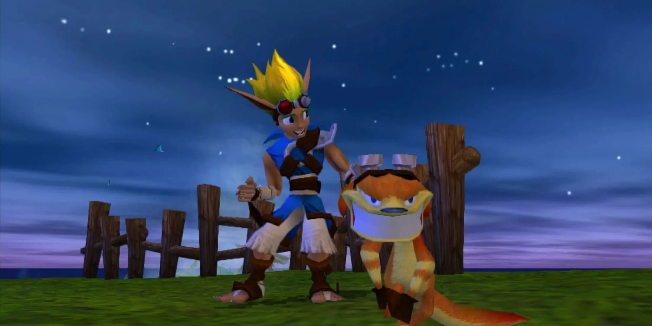 Hai nhân vật chính Jak và Daxter trong game đi cảnh Jak &amp; Daxter: The Precursor's Legacy trên PS2