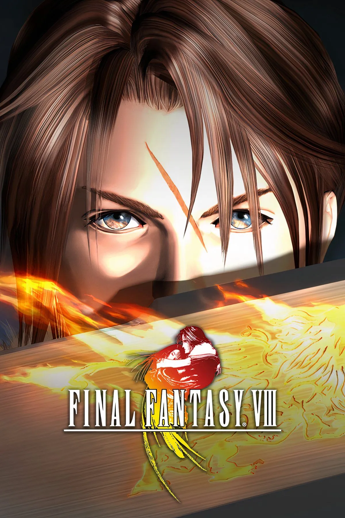 Hình ảnh bìa Final Fantasy 8 với Squall Leonhart và Rinoa Heartilly trên nền thành phố Esthar