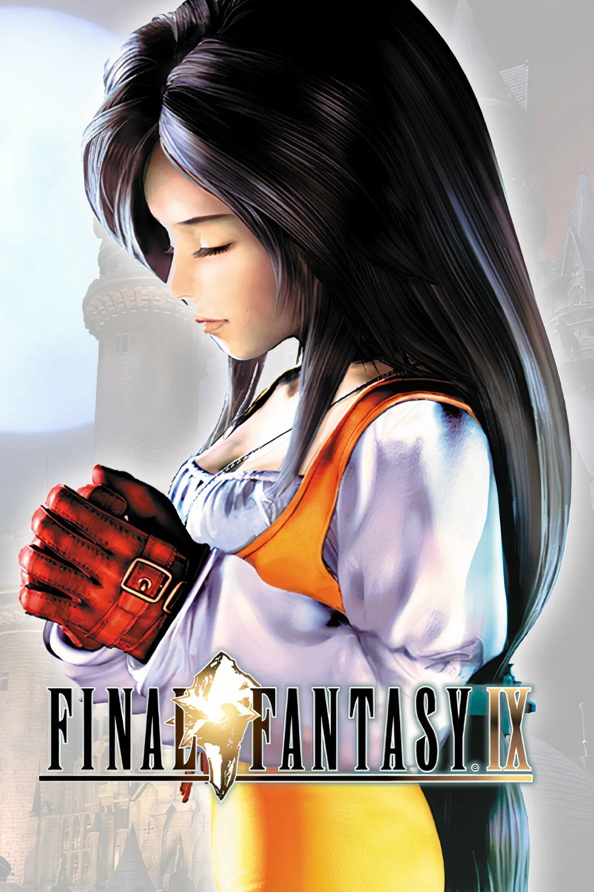 Hình ảnh bìa Final Fantasy 9 với các nhân vật chính và lâu đài Alexandria