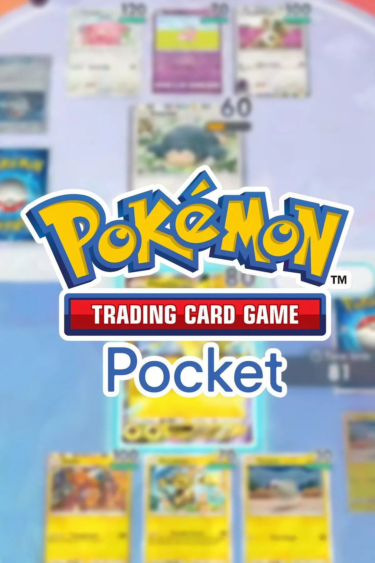 Hình ảnh bìa game Pokemon Trading Card Game Pocket với các thẻ bài biểu tượng, thể hiện sự hấp dẫn của trò chơi.