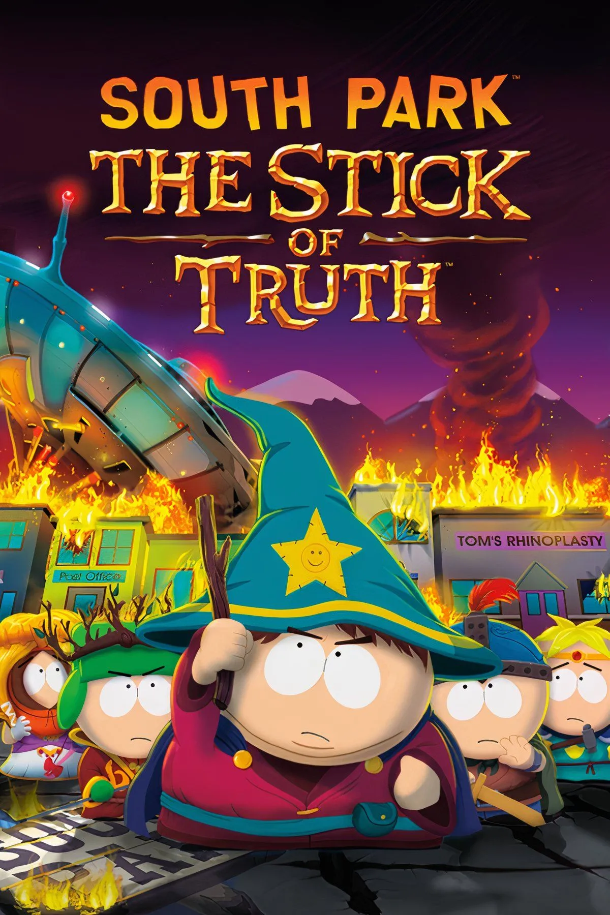Hình ảnh bìa game South Park: The Stick of Truth với dàn nhân vật hài hước quen thuộc, minh họa lối chơi nhập vai hài kịch độc đáo.