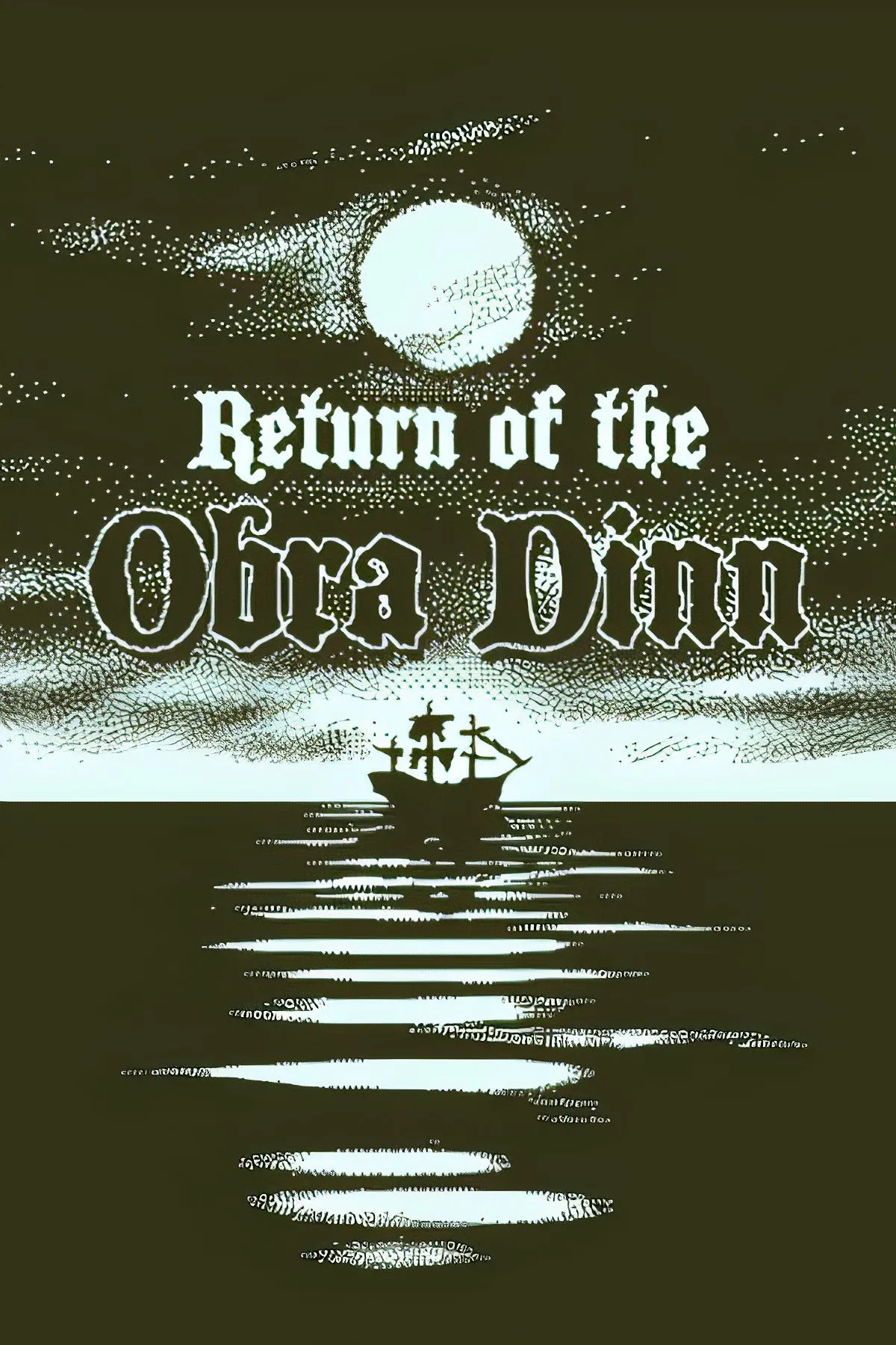 Hình ảnh nghệ thuật của Return of the Obra Dinn, một game điều tra kinh dị với đồ họa 1-bit đen trắng độc đáo, khắc họa con tàu ma bí ẩn trên đại dương.