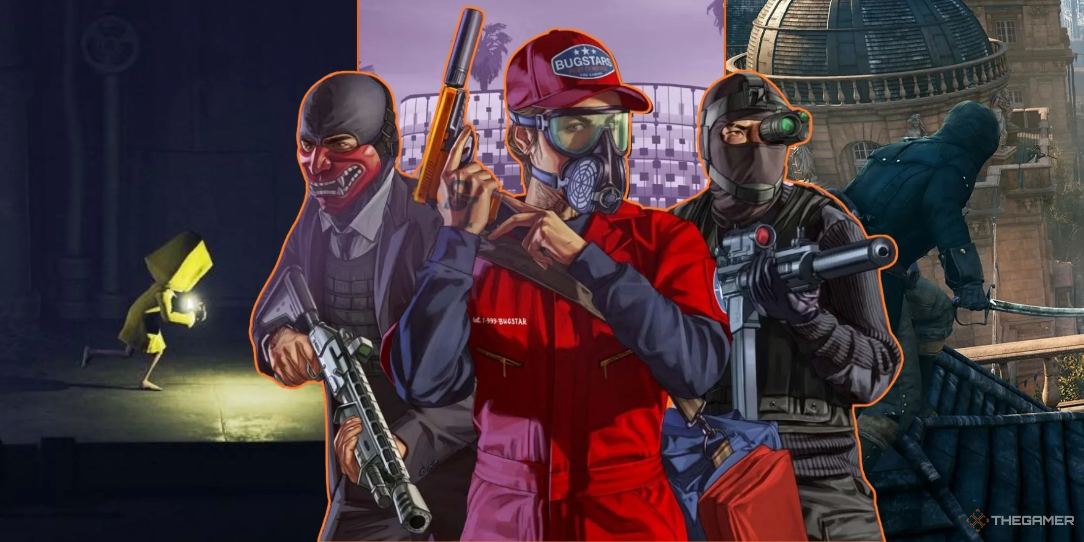 Hình ảnh tổng hợp các game có yếu tố lén lút, bao gồm Grand Theft Auto Online, thể hiện tính đa dạng trong lối chơi.