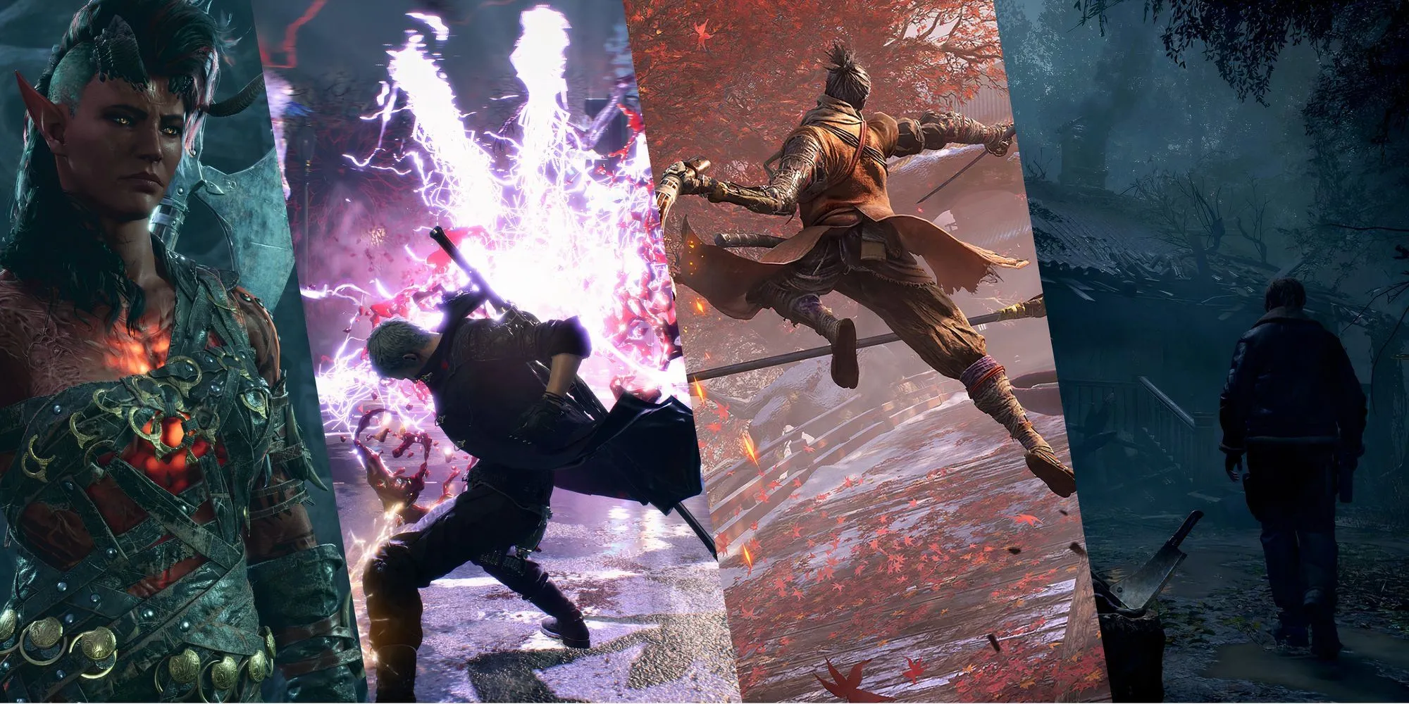 Hình ảnh tổng hợp các game cốt truyện hay có giá trị chơi lại như Baldur's Gate 3, Devil May Cry 5, Sekiro, và Resident Evil 4