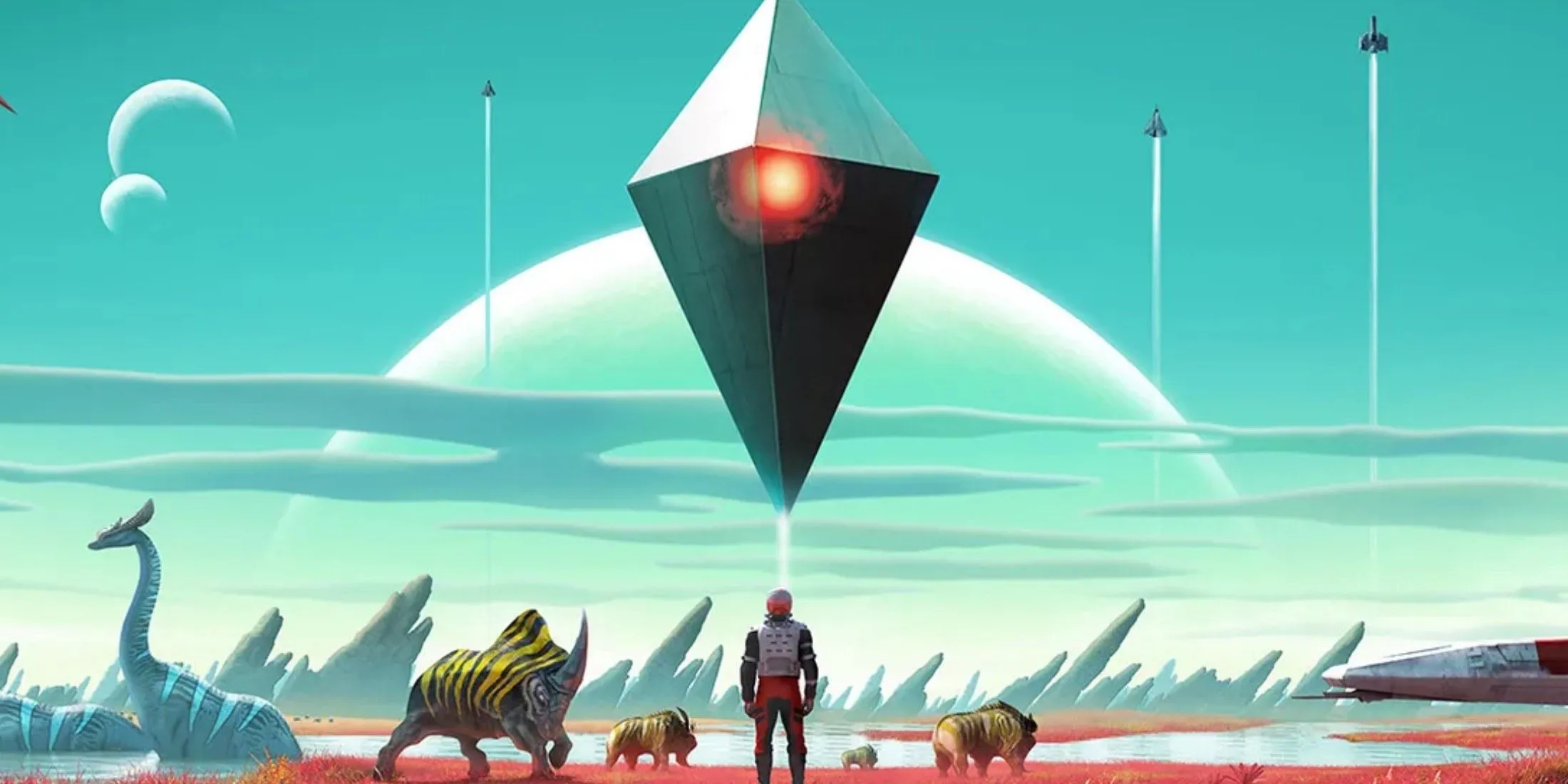 Hình ảnh tổng quan một nhà thám hiểm No Man's Sky đang chiêm ngưỡng khung cảnh bao la của hành tinh với tàu bay và sinh vật kỳ lạ, thể hiện sự rộng lớn của vũ trụ game.