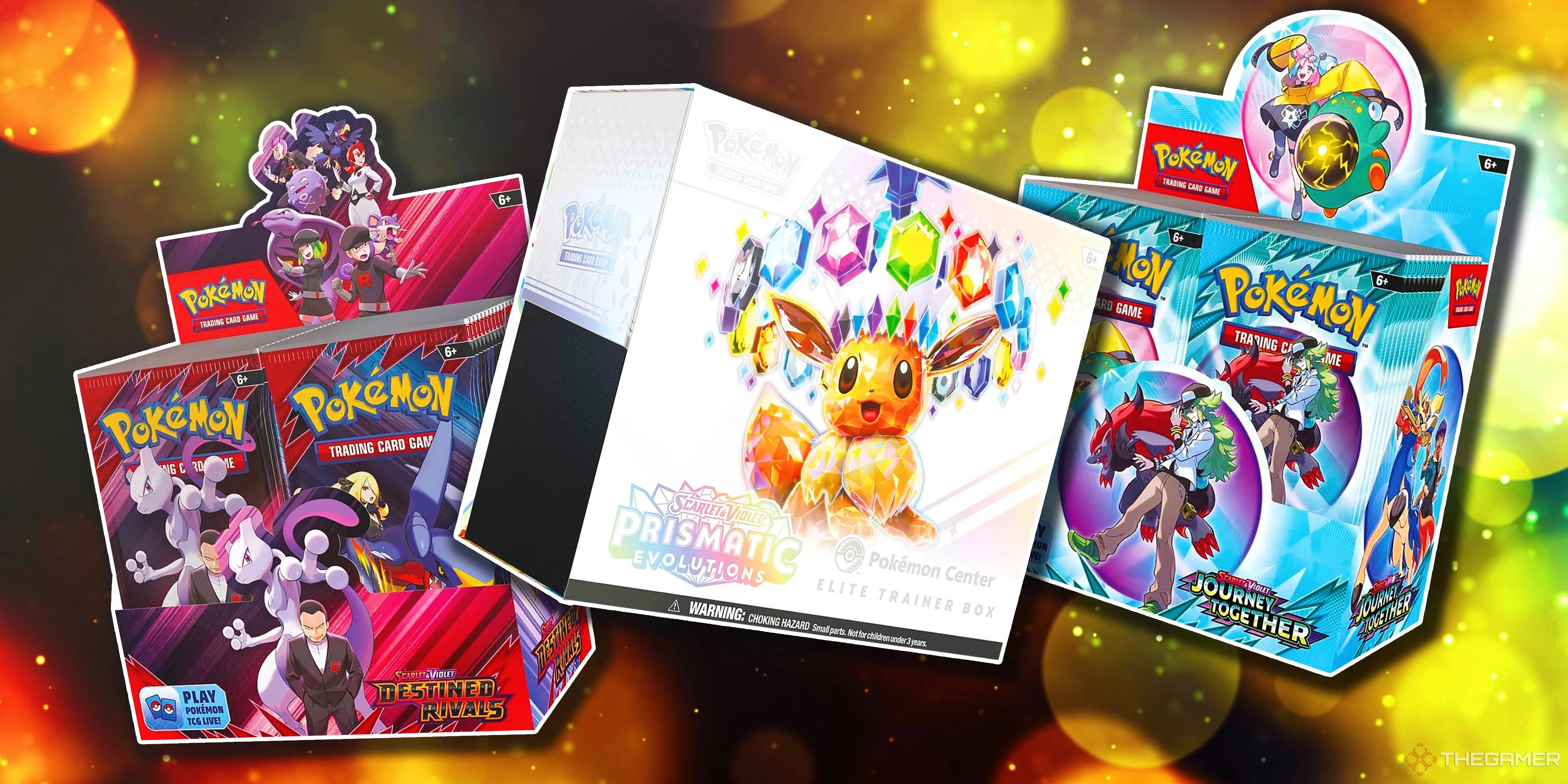 Hộp booster Destined Rivals, ETB Prismatic Evolutions và hộp booster Journey Together trong Pokémon TCG.