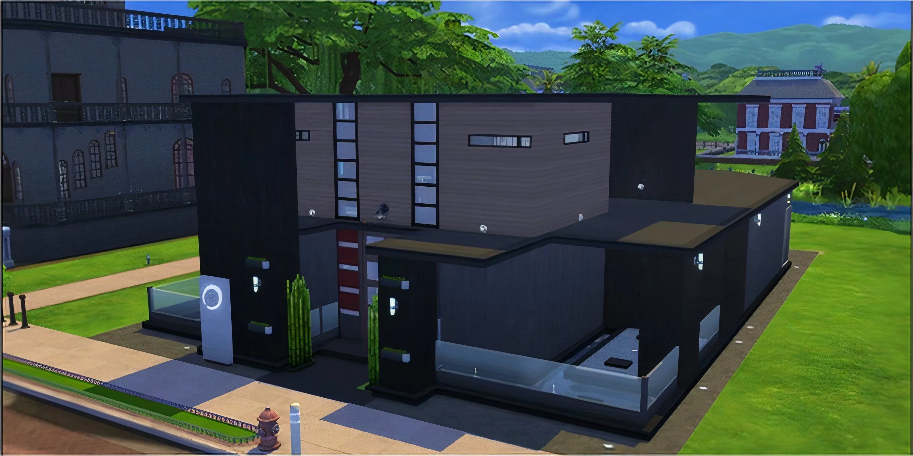 Không gian thư giãn của Perfect Balance Spa trong The Sims 4, với hồ bơi nhỏ và các khu vực trị liệu, thúc đẩy kỹ năng Wellness.