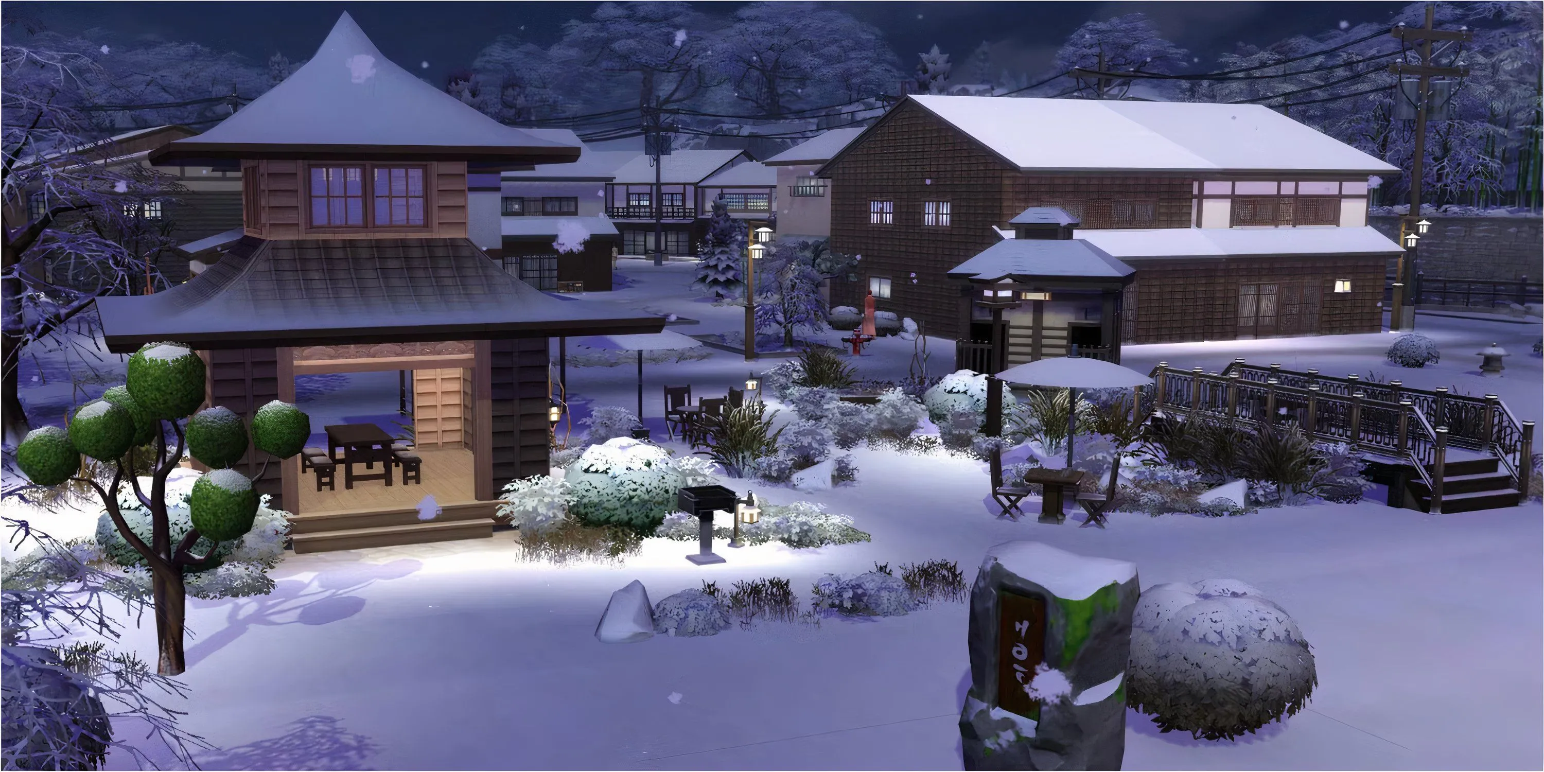 Khu nghỉ dưỡng Kiyomatsu Vacation Rental 5-1-1 tại Mt. Komorebi trong The Sims 4, với kiến trúc ấm cúng và cảnh quan tuyết phủ.