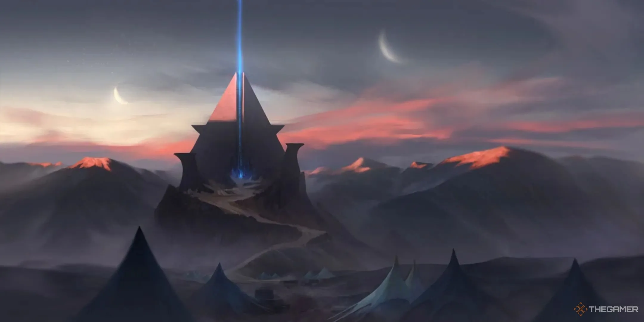 Kim tự tháp ngoài hành tinh bắn tia sáng trên bìa game Stellaris: Ancient Relics, liên quan đến Achievement Galatron