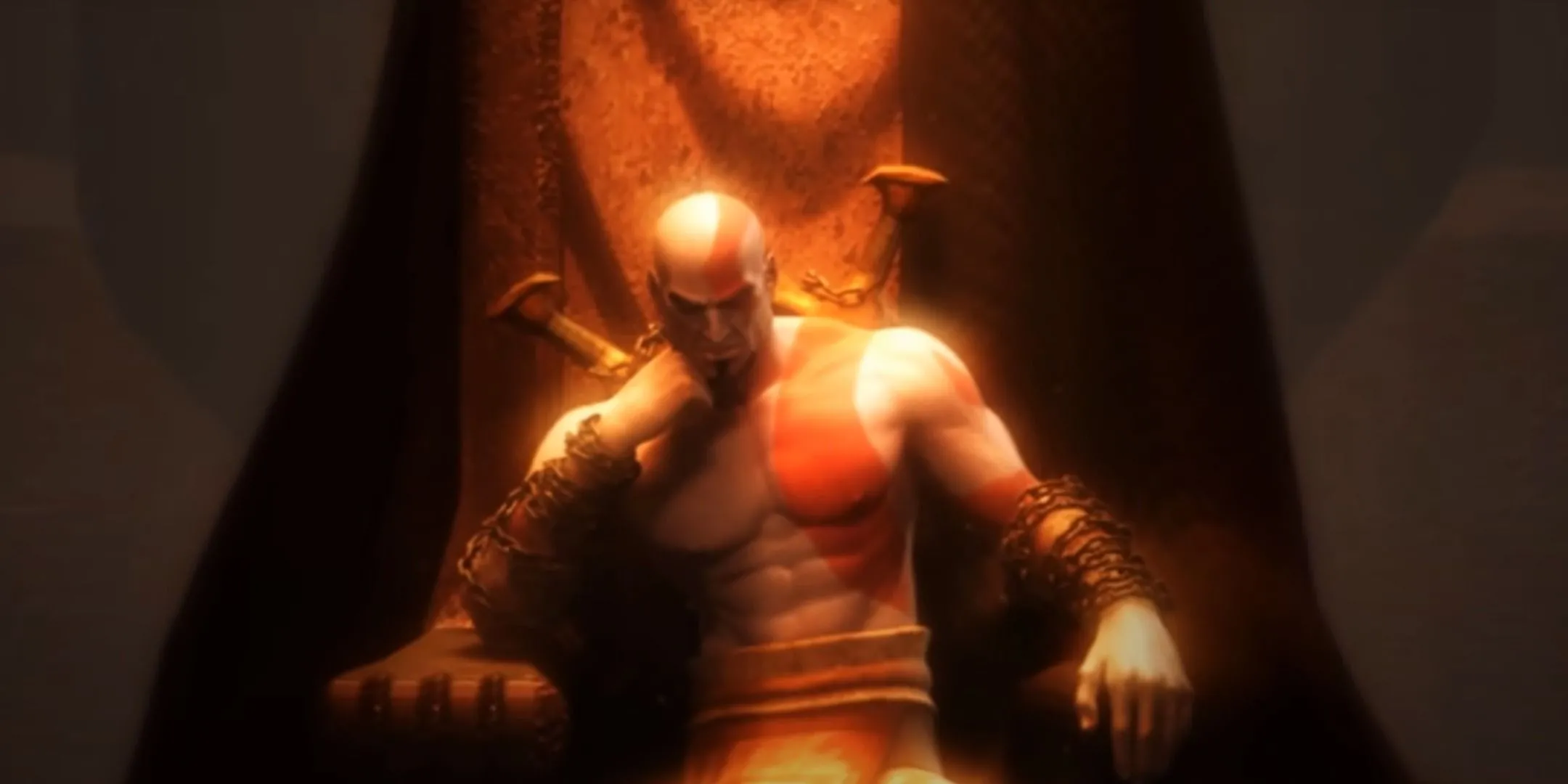 Kratos ngồi trên ngai vàng của mình trong God of War.