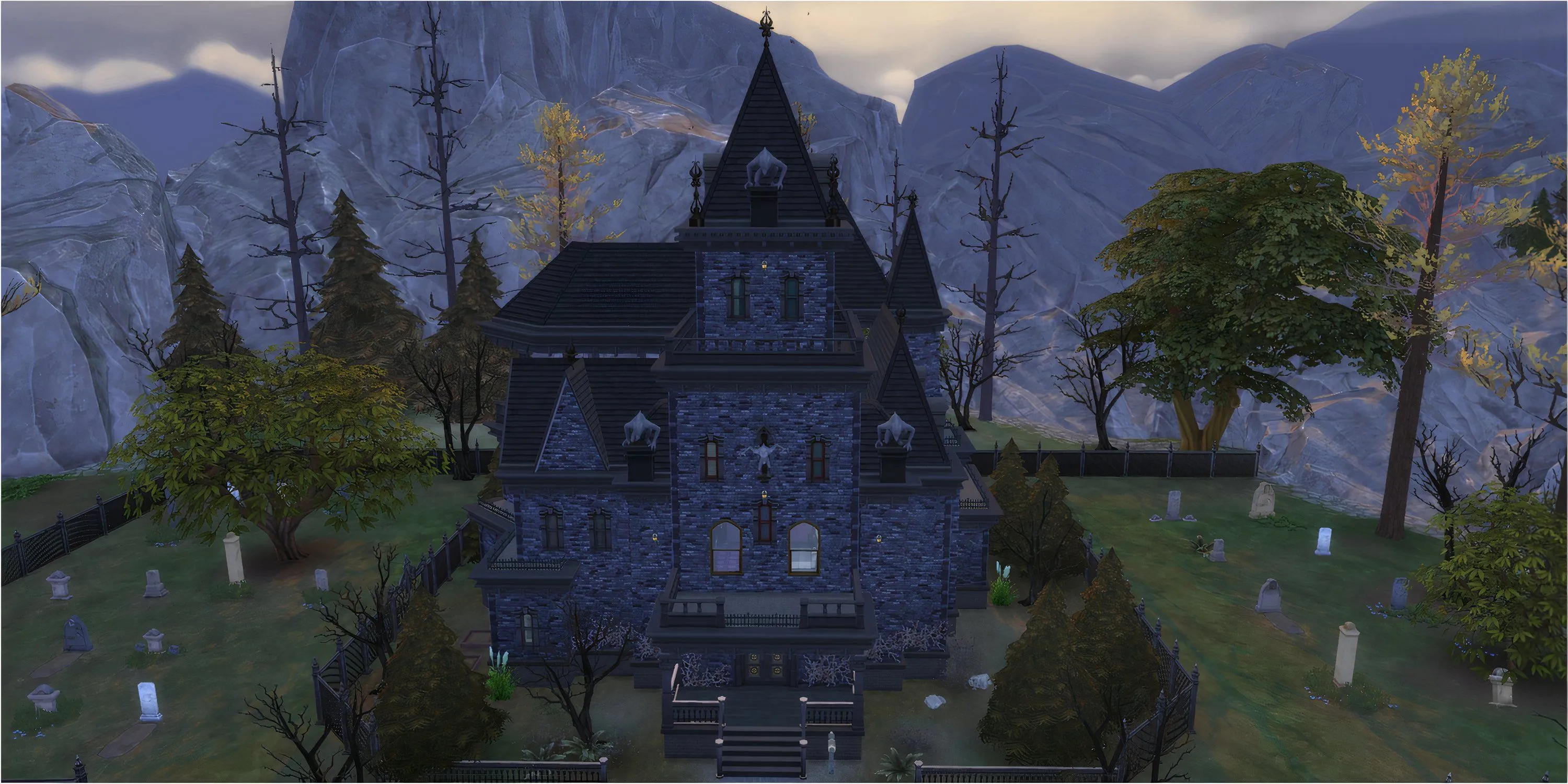 Lâu đài Straud Mansion tại Forgotten Hollow của The Sims 4, với kiến trúc Gothic bí ẩn, nghĩa địa và hầm bí mật.