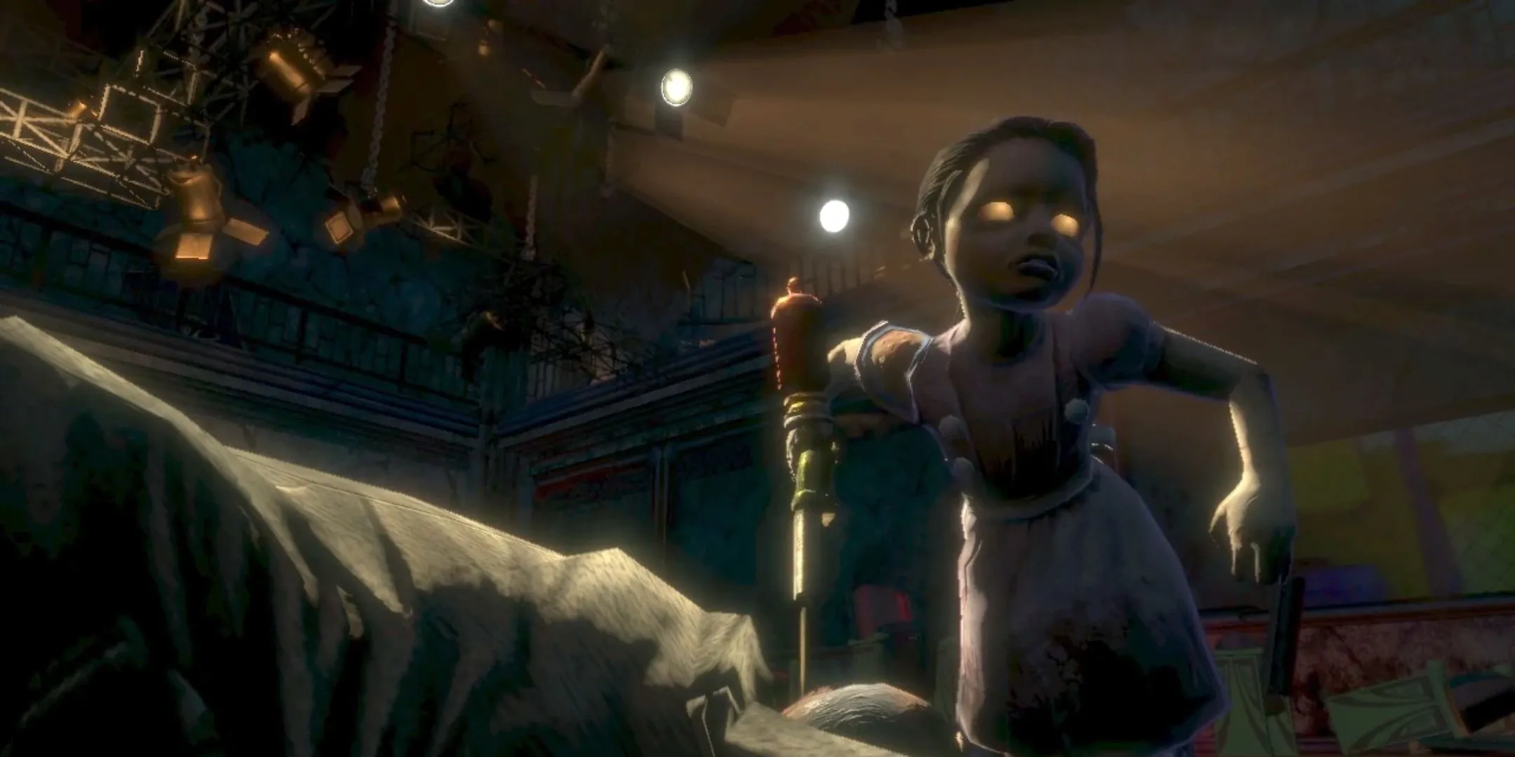 Little Sister đang thu hoạch ADAM trong tựa game BioShock, liên quan đến thành tích hoàn thành