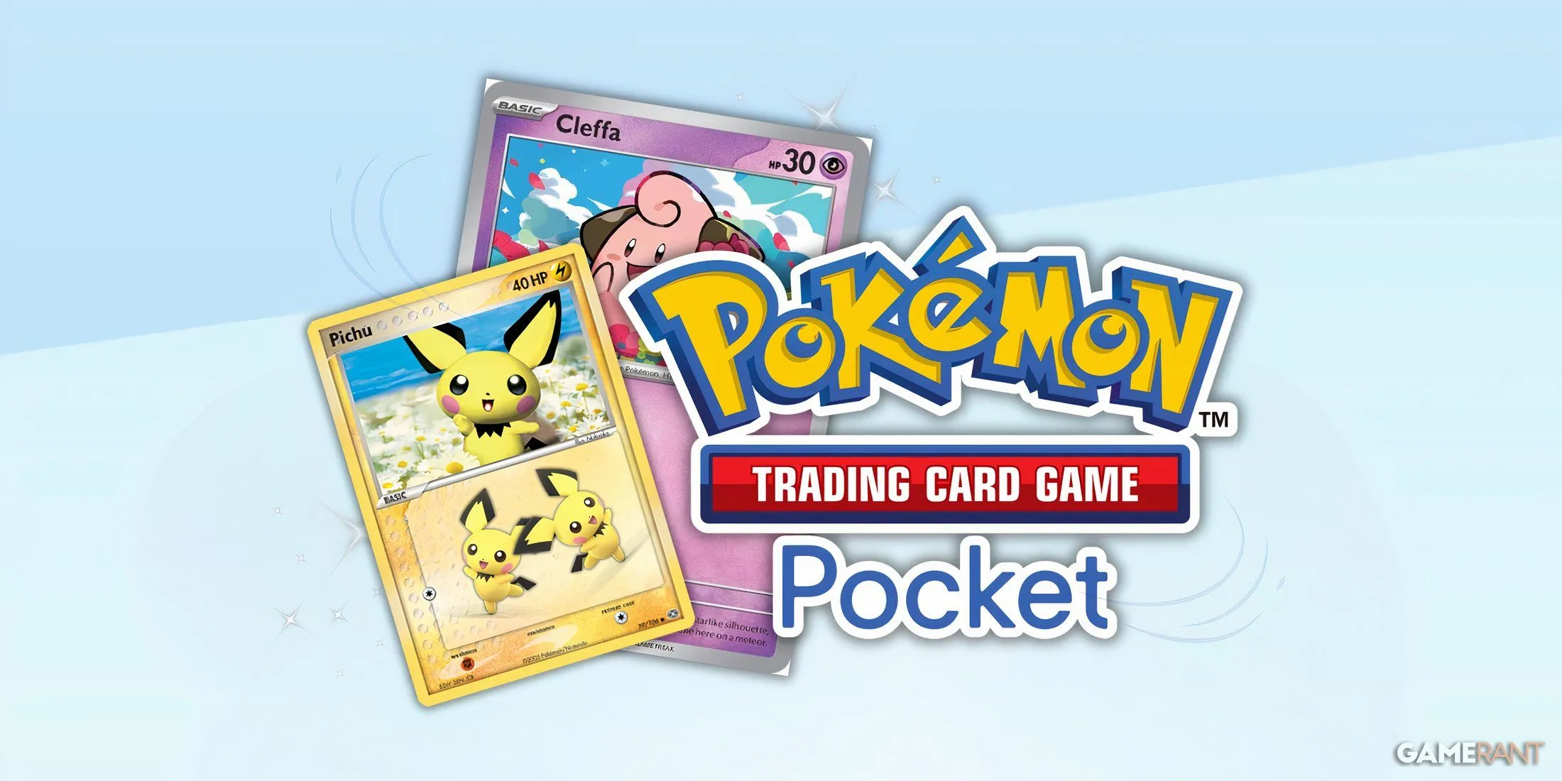 Logo game Pokemon TCG Pocket cùng thẻ bài Pichu và Cleffa nổi bật, minh họa cho nội dung game thẻ bài trên di động.