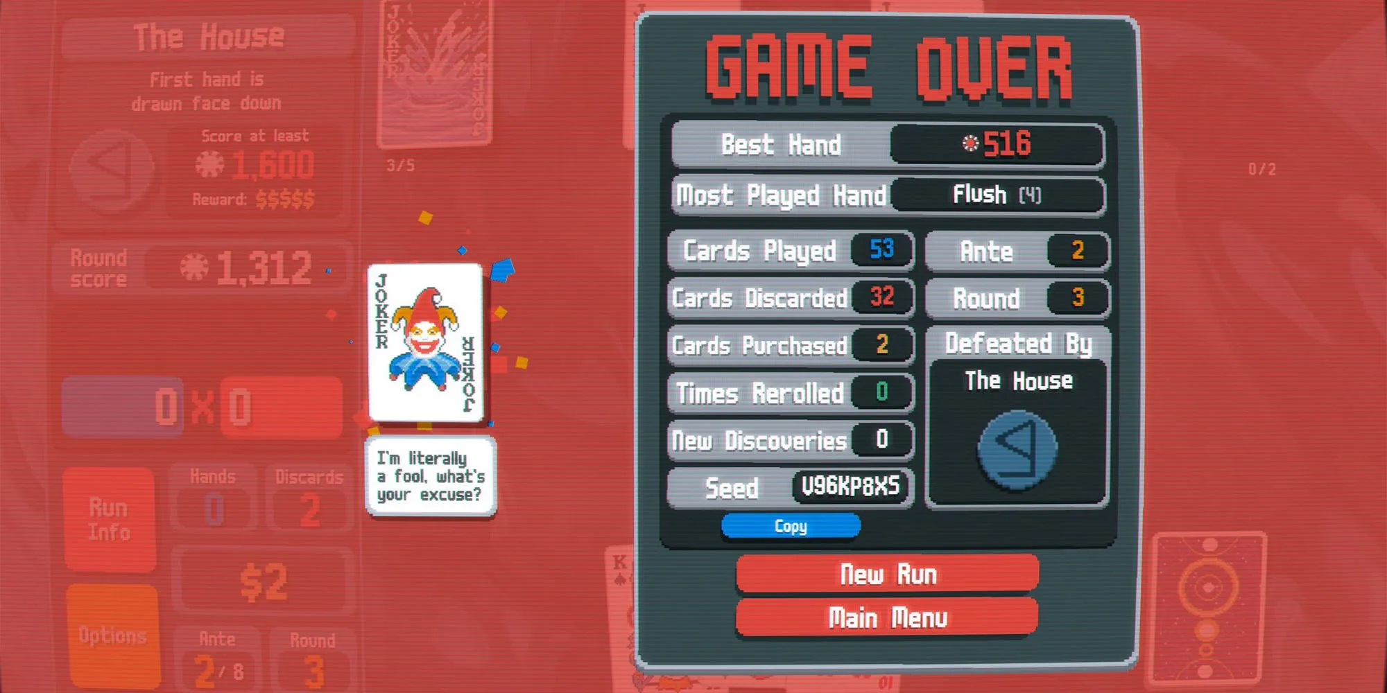 Màn hình Game Over của Balatro hiển thị dữ liệu ván đấu bài.