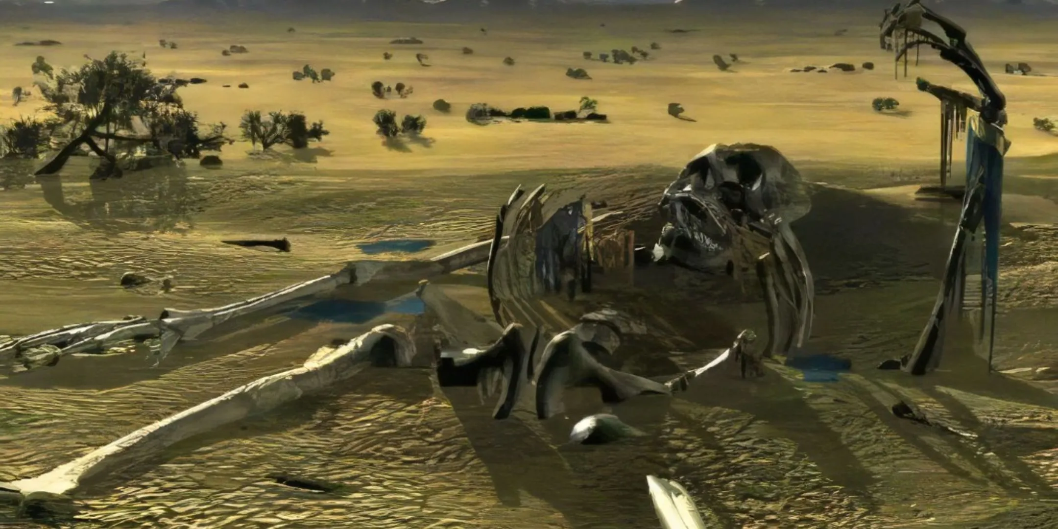 Màn hình Game Over với hình ảnh bộ xương và khung cảnh sa mạc hoang tàn trong Fallout 1.