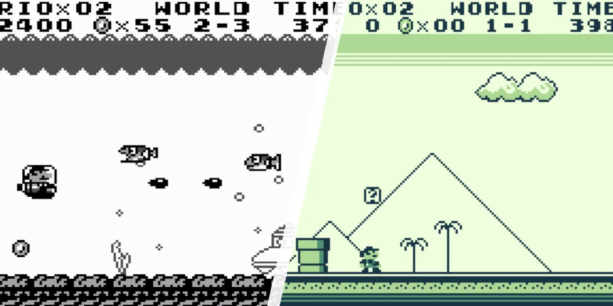 Mario trong màn chơi bắn súng và gần kim tự tháp trong Super Mario Land cho Game Boy.