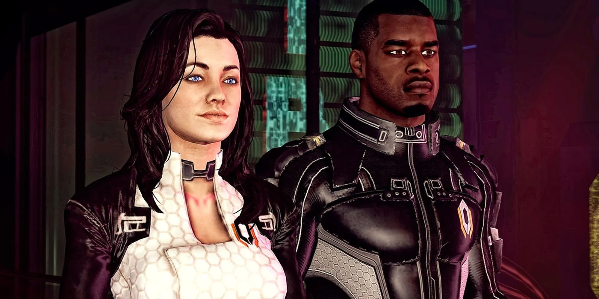 Miranda Lawson và Jacob Taylor, hai đặc vụ của Cerberus với khả năng biotic độc đáo, đứng cạnh nhau thể hiện sự chuyên nghiệp và sức mạnh tiềm ẩn trong Mass Effect.