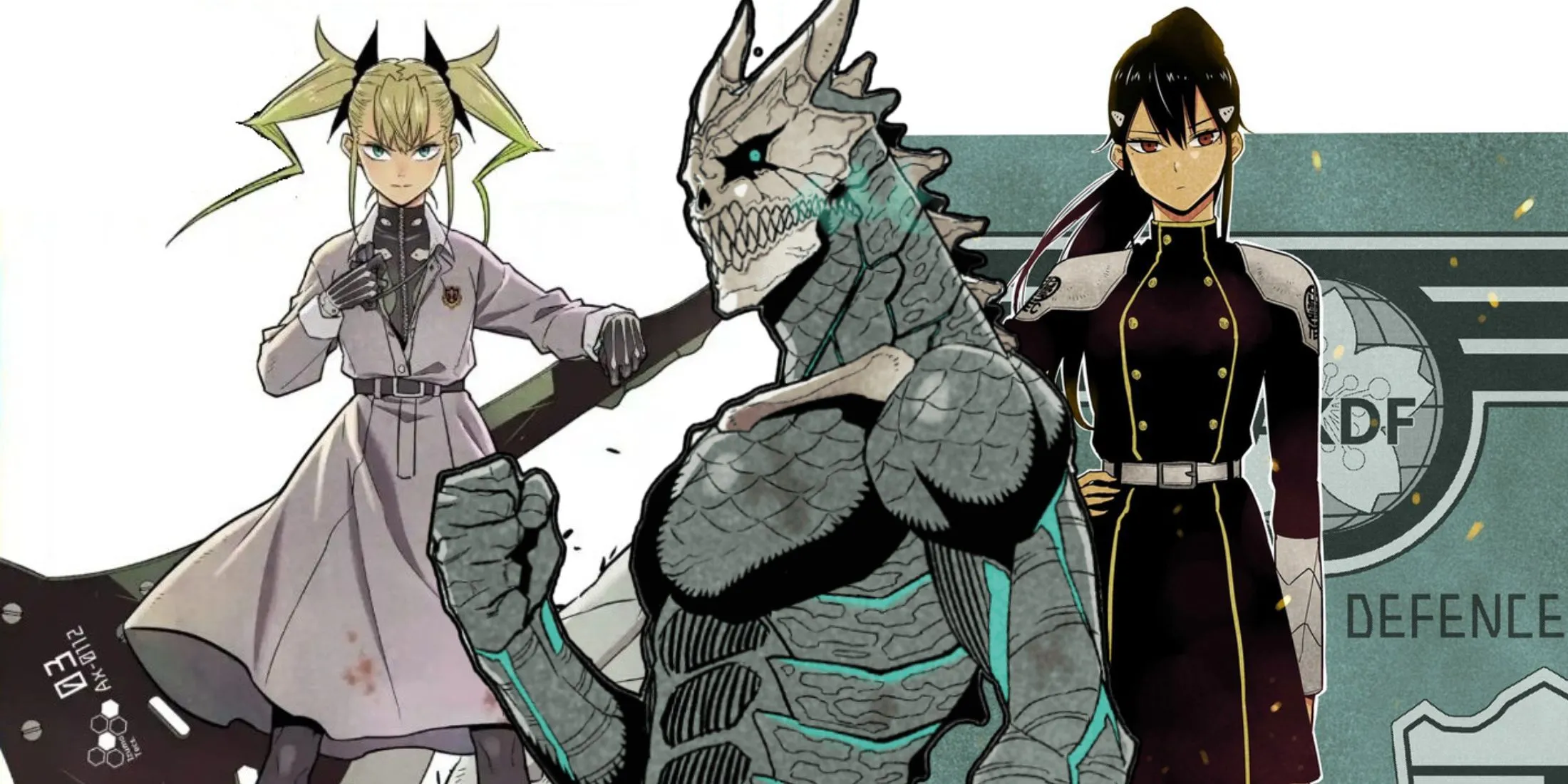 Một bức ảnh ghép ba nhân vật của Kaiju No. 8 nhận được cái kết tốt đẹp trong manga: Kikoru Shinomiya, Kafka Hibino và Mina Ashiro.