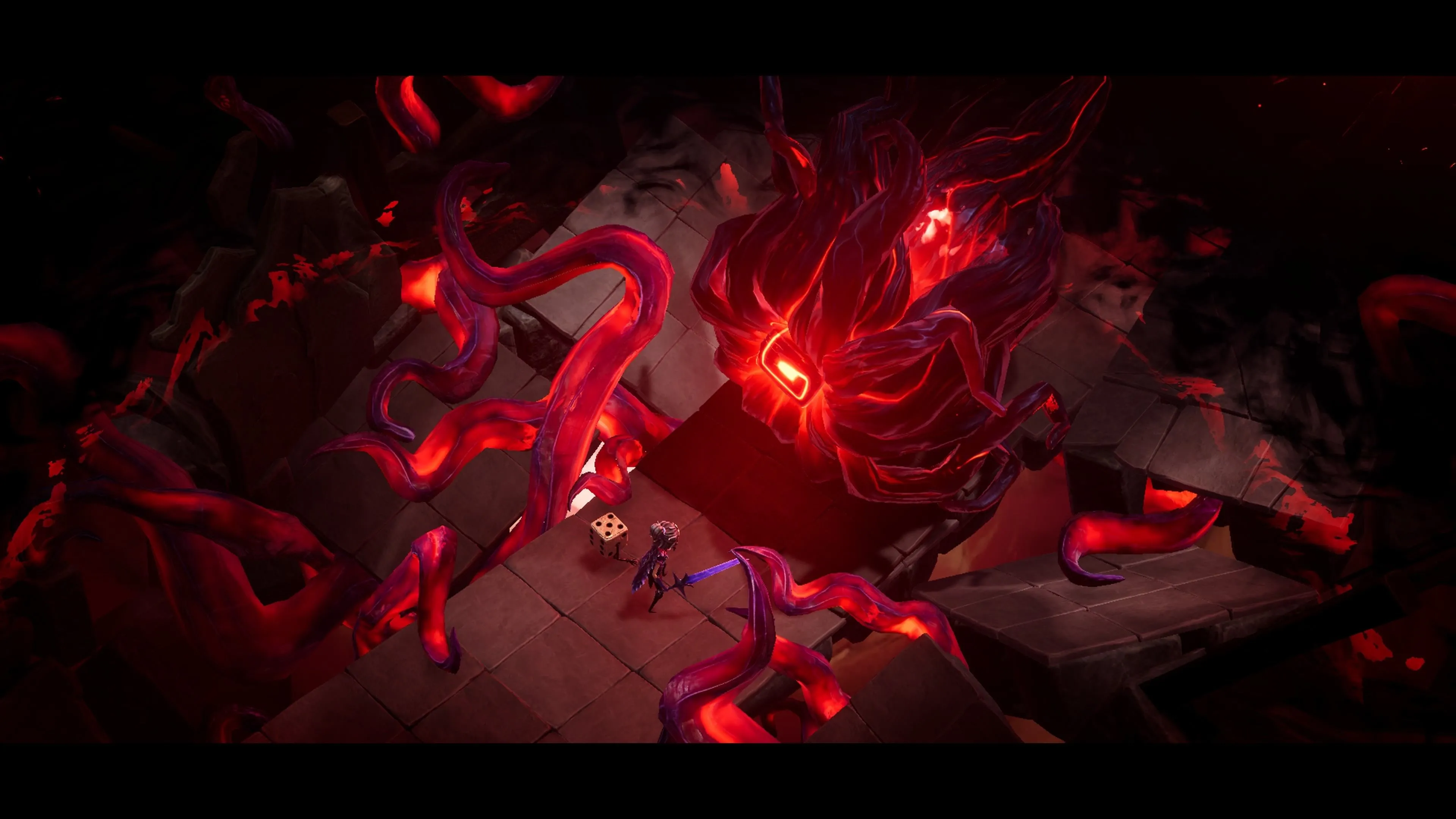 Một cảnh chiến đấu với boss trong game roguelike Lost in Random The Eternal Die.