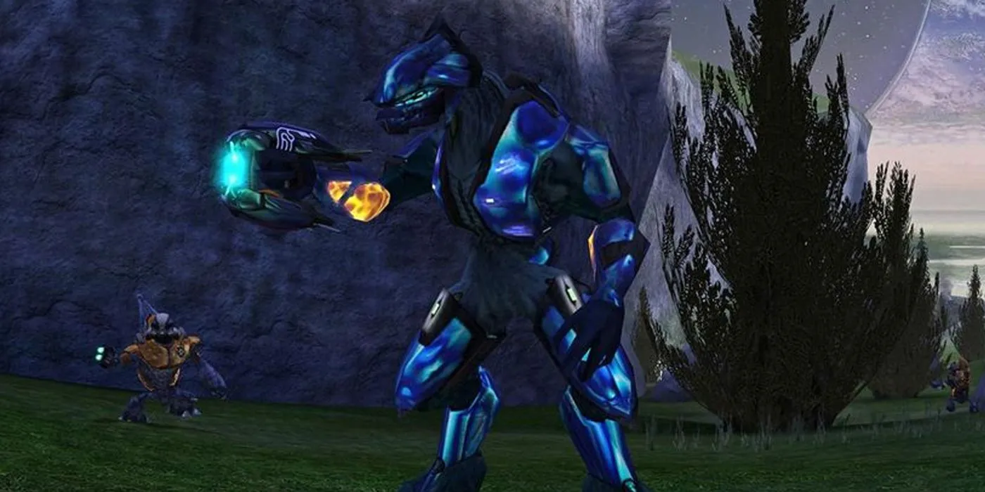 Một Elite cầm vũ khí và Grunt cười nhạo trên màn hình Game Over động của Halo: Combat Evolved.