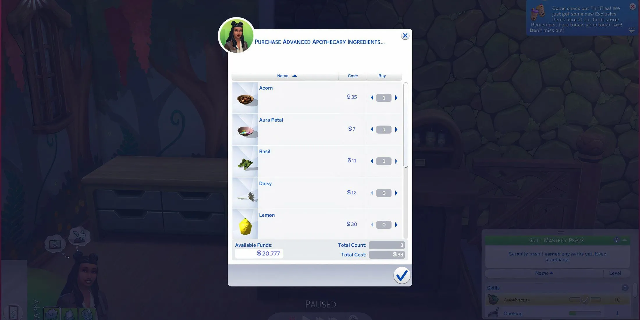 mua nguyên liệu tại Apothecary Table Sims 4