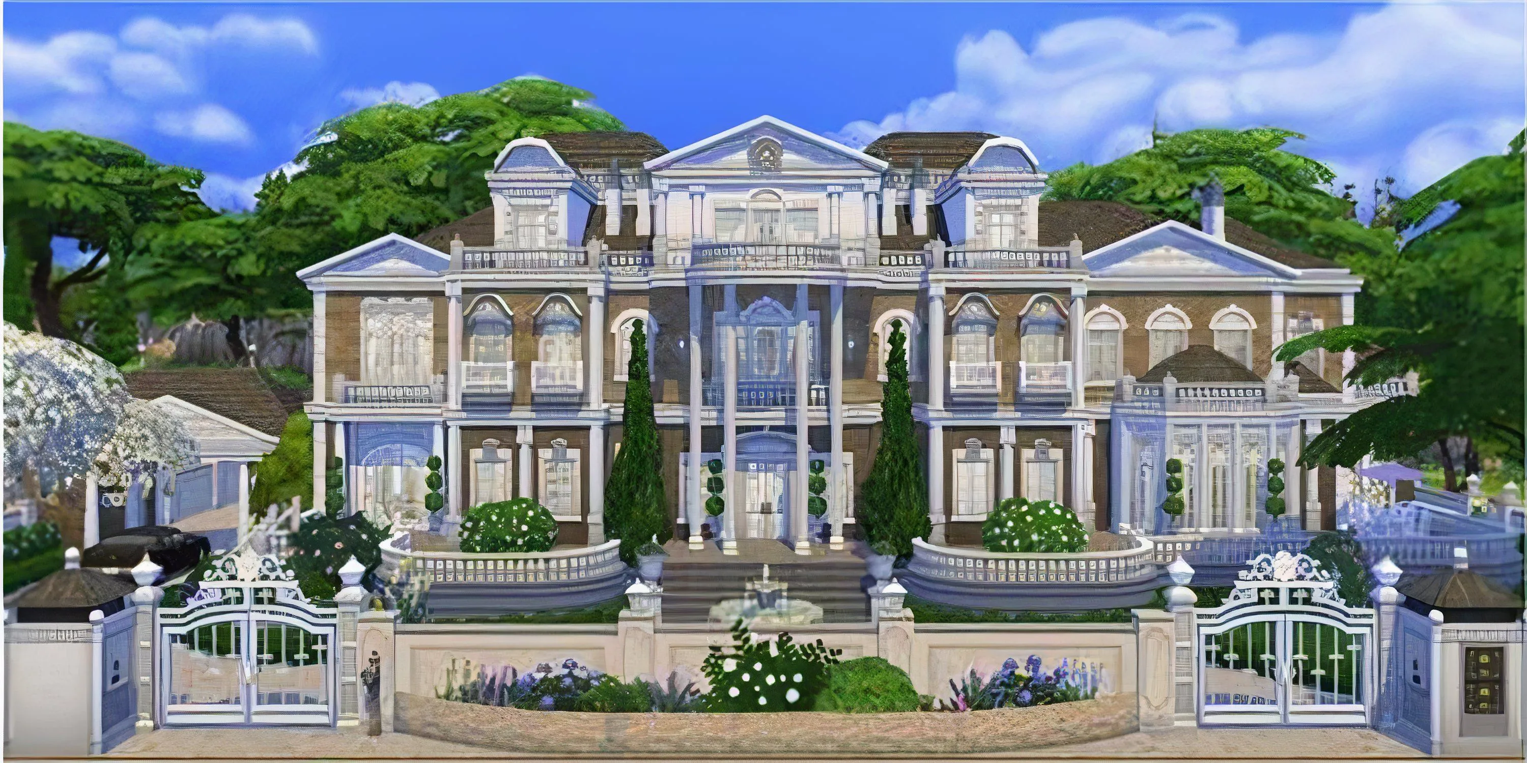 Ngôi nhà lớn Oakenstead tại Willow Creek trong The Sims 4, với kiến trúc cổ điển, sân vườn rộng lớn, lý tưởng cho thử thách dòng dõi.