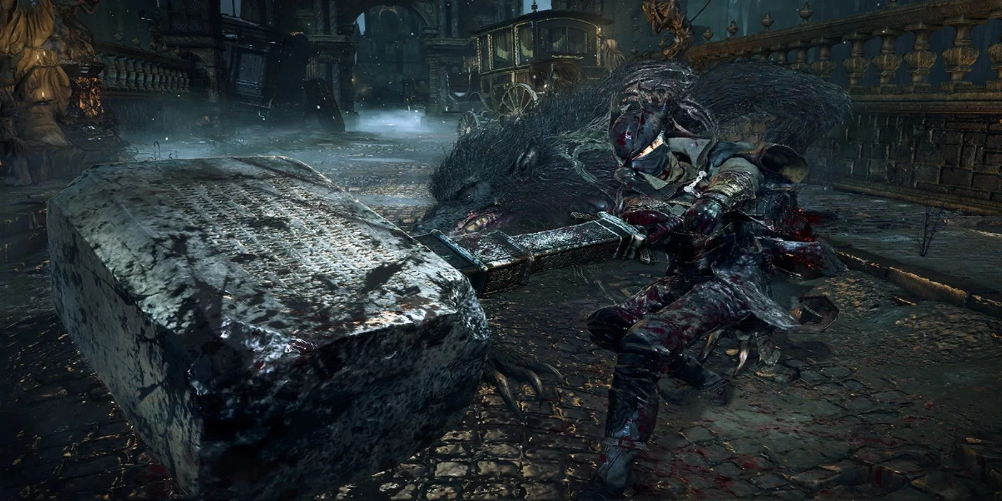 Người chơi Bloodborne sử dụng Kirkhammer tấn công kẻ địch trên phố, ví dụ về việc gắn bó với vũ khí đầu game.