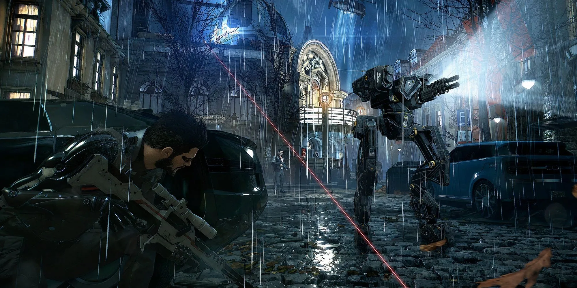 Nhân vật chính ẩn nấp sau vật cản trong gameplay Deus Ex: Mankind Divided