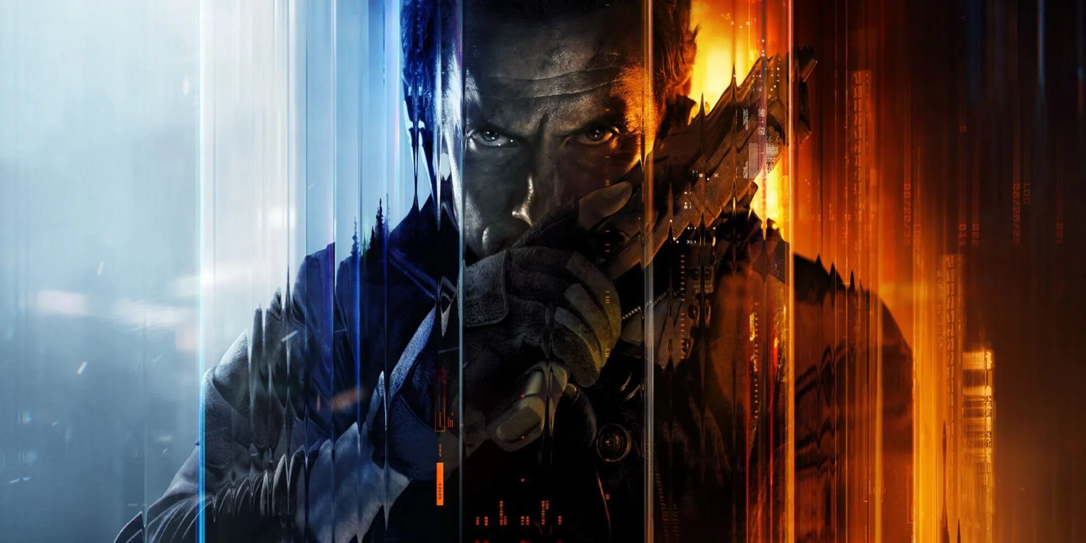 Nhân vật chính Call of Duty Black Ops 7 với ánh sáng xanh cam nổi bật, biểu tượng của series game bắn súng FPS.