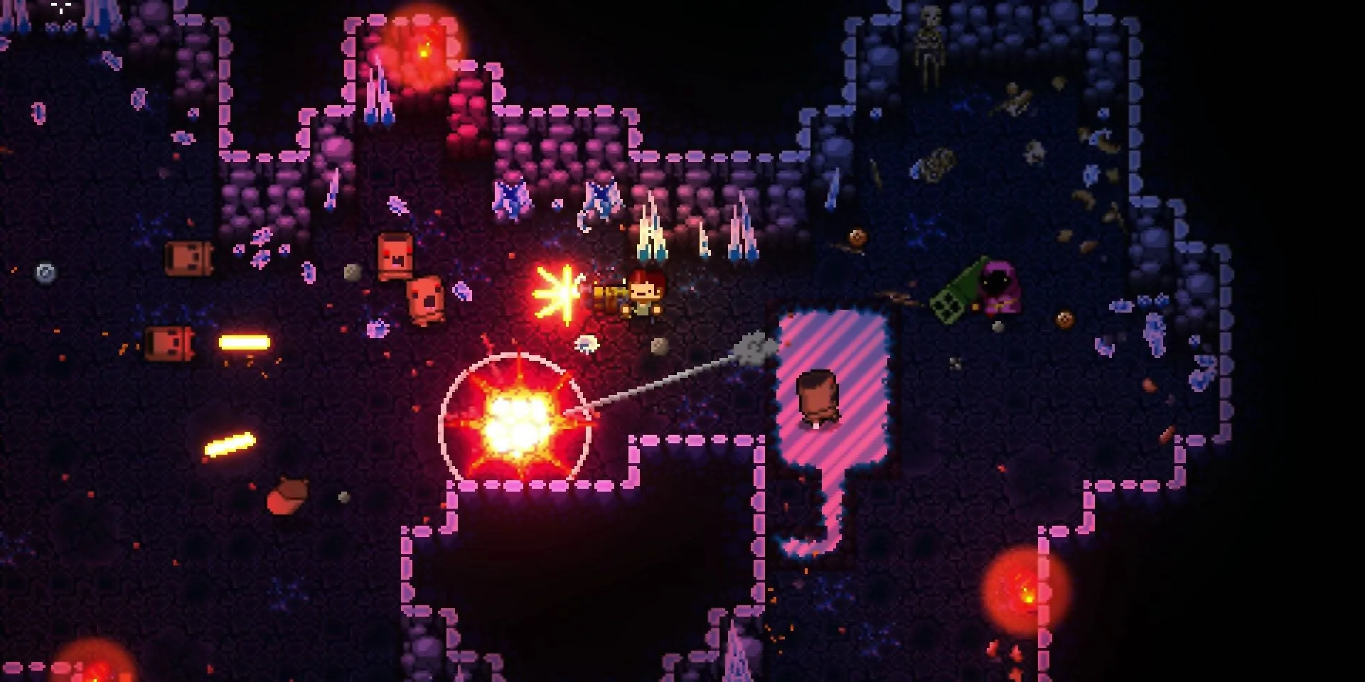 Nhân vật chính chiến đấu với kẻ thù trong hầm ngục của Enter the Gungeon