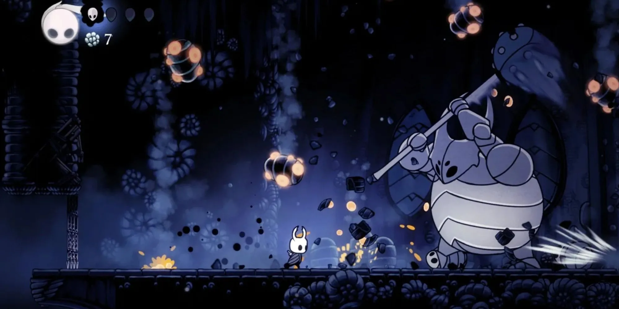 Nhân vật chính Hollow Knight đối đầu với một con boss trong thế giới hang động