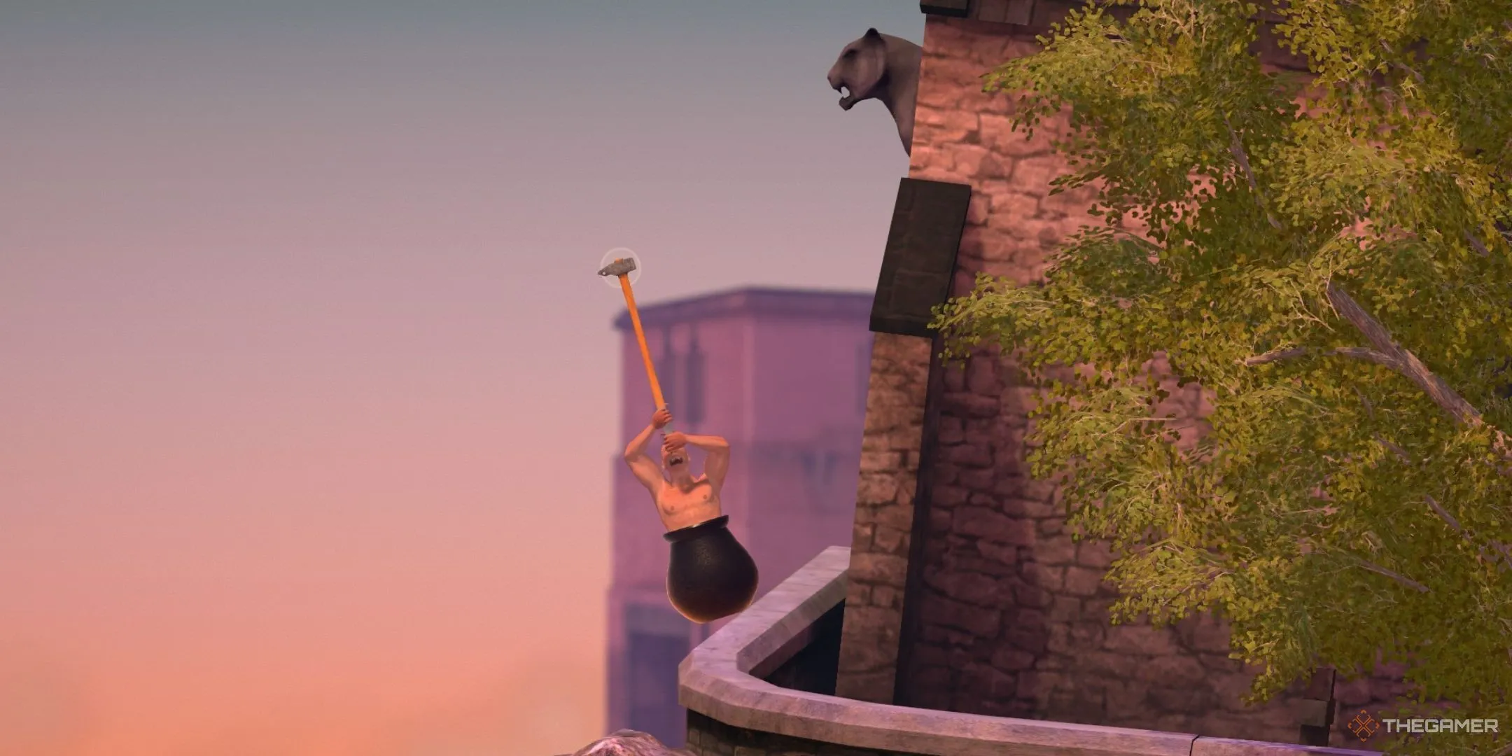 Nhân vật chính trong Getting Over It With Bennett Foddy mắc kẹt trong vạc, biểu tượng của sự khó khăn tột độ