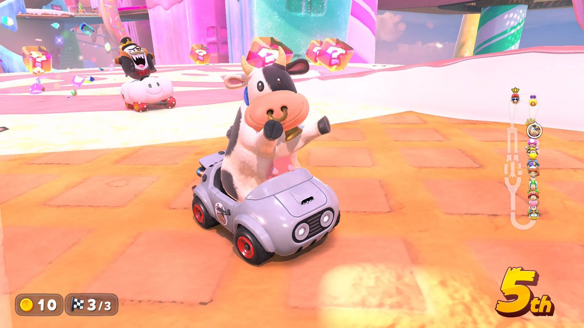 Nhân vật Cow (Bò) đáng yêu trong dàn nhân vật Mario Kart World đa dạng