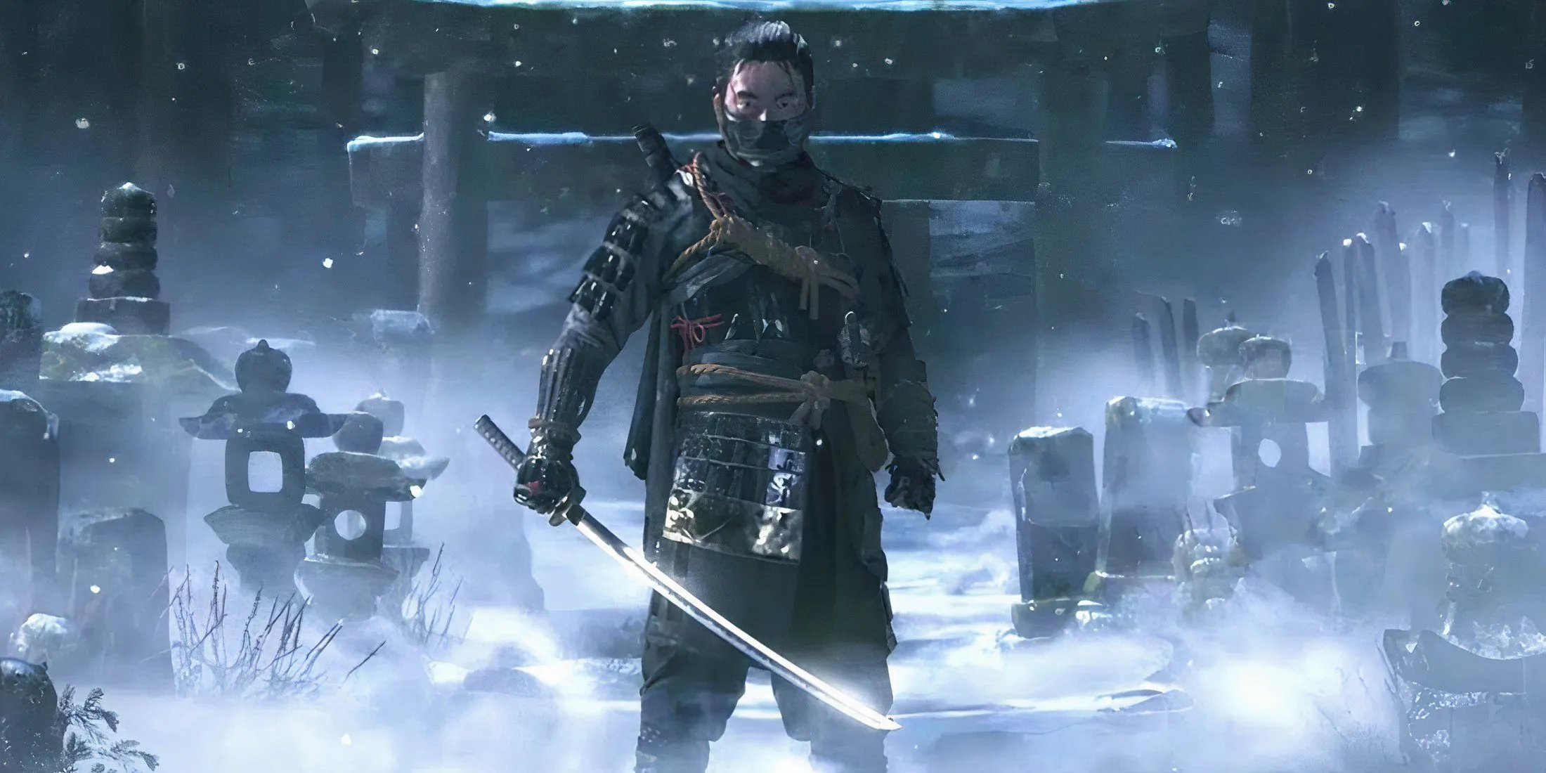 Nhân vật Jin Sakai trong Ghost of Tsushima, với cảnh tuyết rơi khắc nghiệt trên đảo Tsushima bị quân Mông Cổ xâm lược.