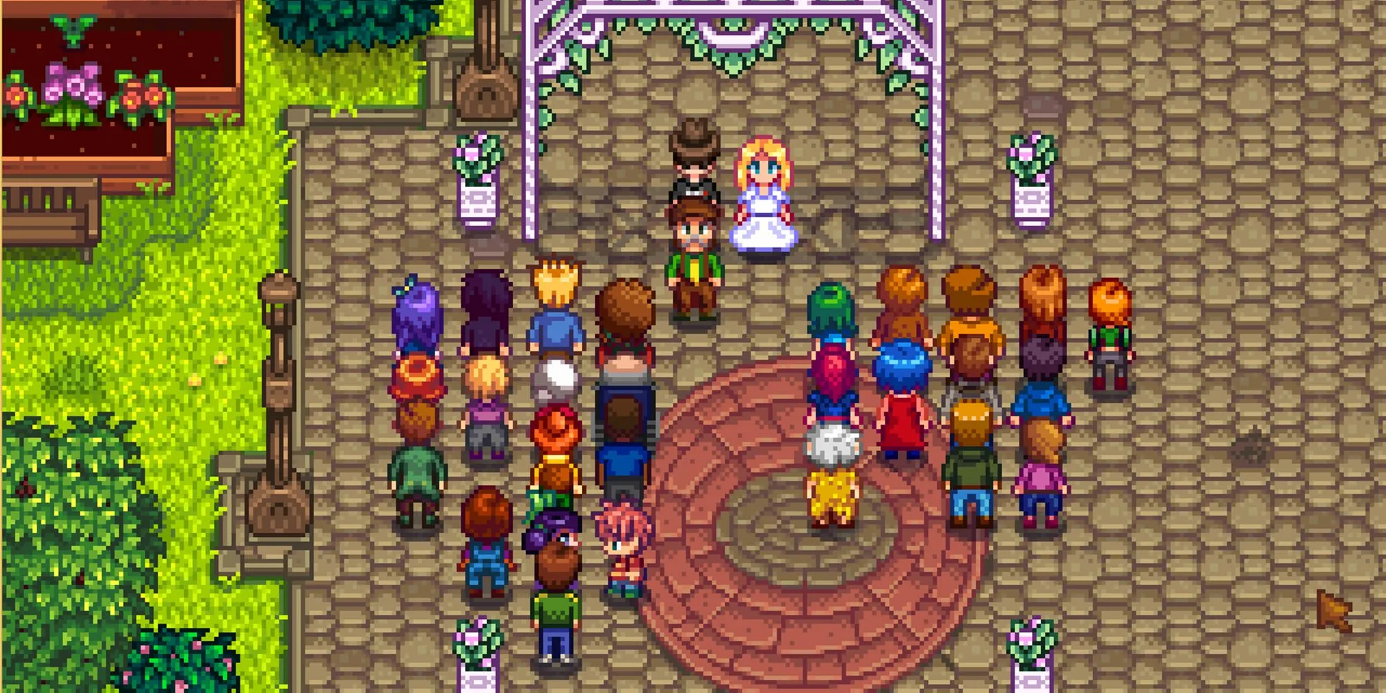 Nhân vật người chơi đang tổ chức đám cưới với Haley trong Stardew Valley, minh họa một tùy chọn lãng mạn đáng khám phá.