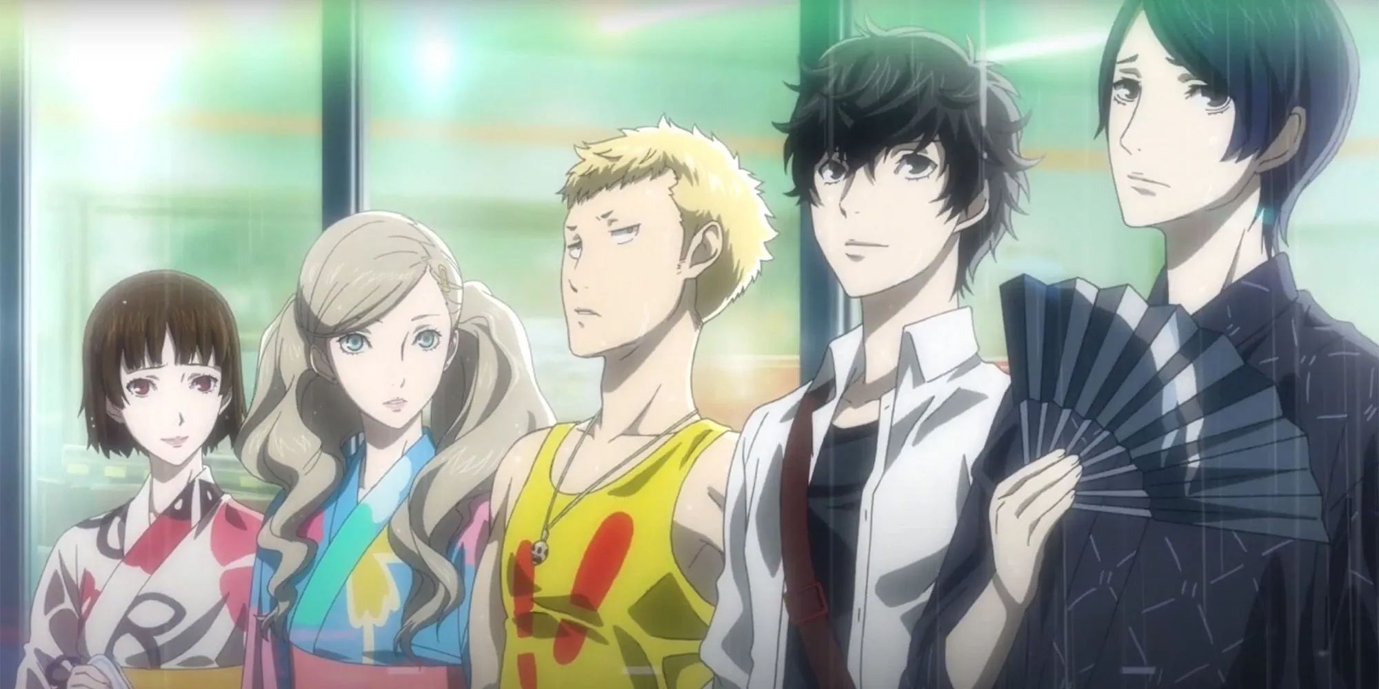 Nhóm Phantom Thieves đứng dưới mưa trong Persona 5 Royal, đại diện cho công lý và sự nổi loạn