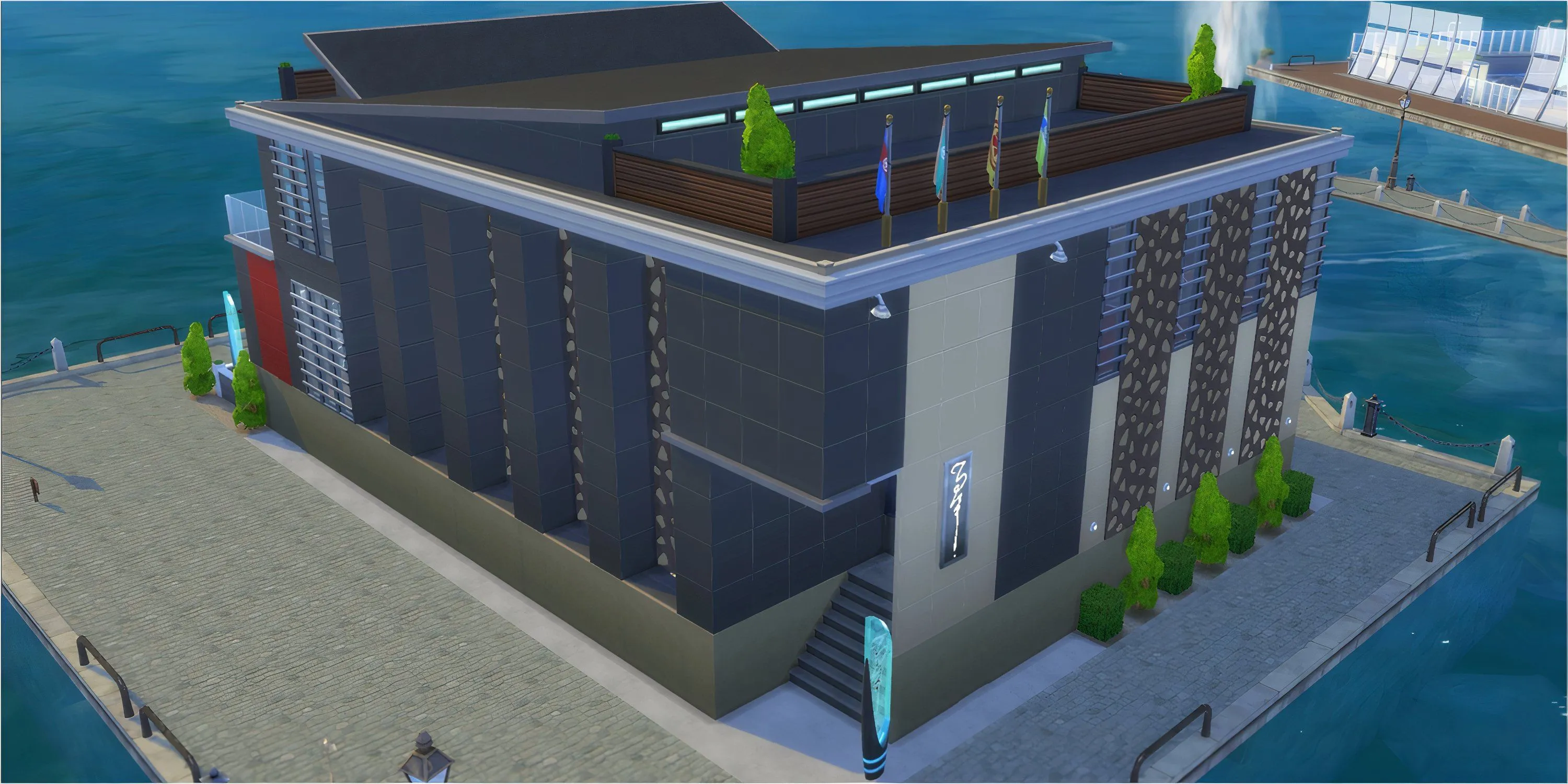 Nội thất bên trong Discotheque Pan Europa Nightclub ở Windenburg The Sims 4, với nhiều tầng và khu vực giải trí riêng biệt.