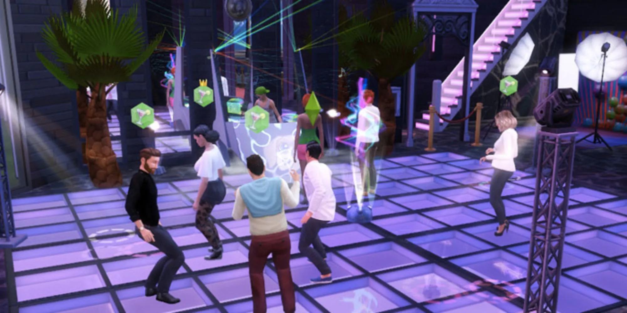 Nội thất quán bar The Muckery Nightclub ở Windenburg trong The Sims 4, với khu vực DJ và sàn nhảy sôi động.
