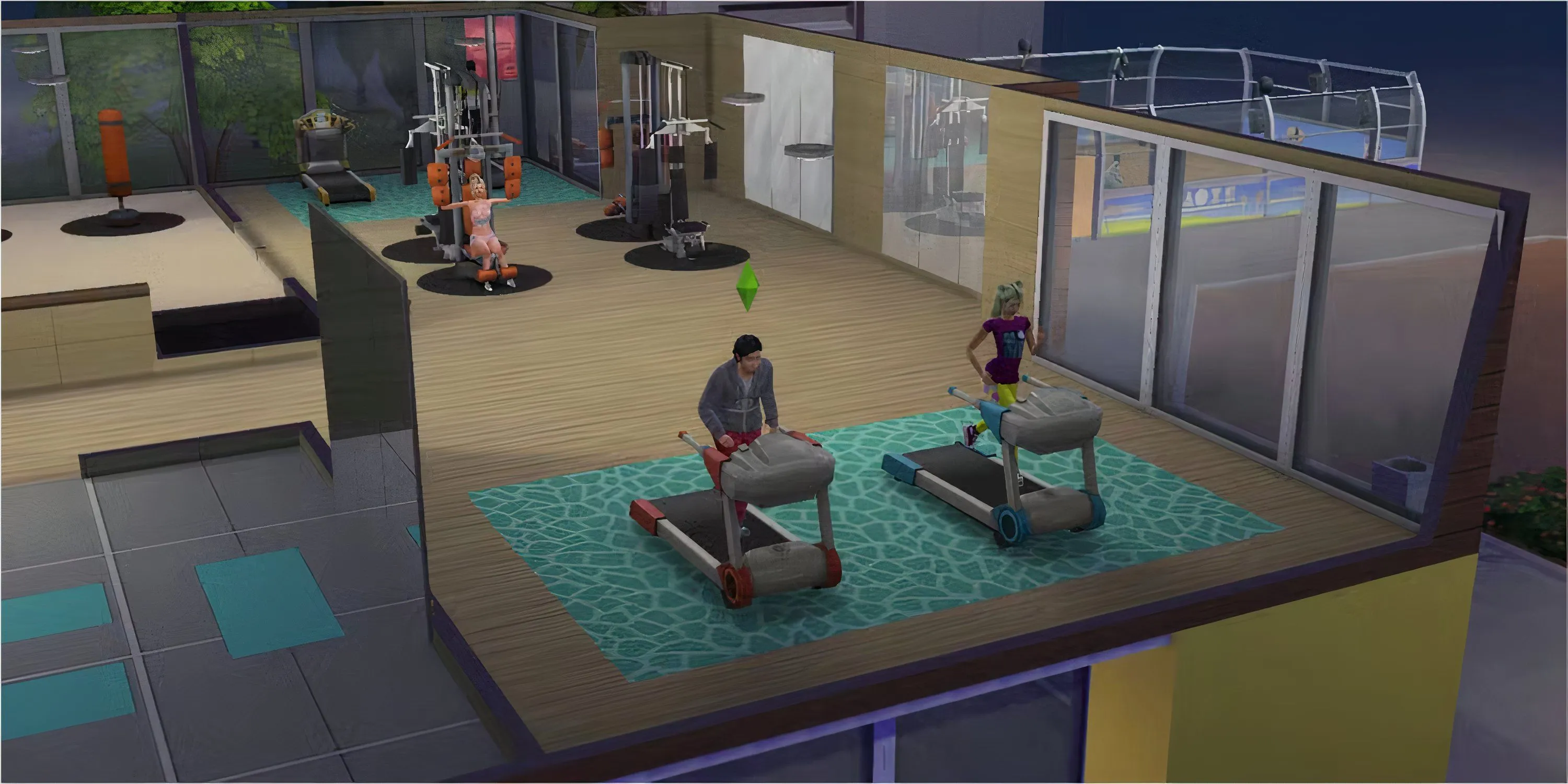 Phòng gym Pectoral Fitness hiện đại trong The Sims 4 Del Sol Valley, trang bị đầy đủ máy tập và hồ bơi tiện nghi.