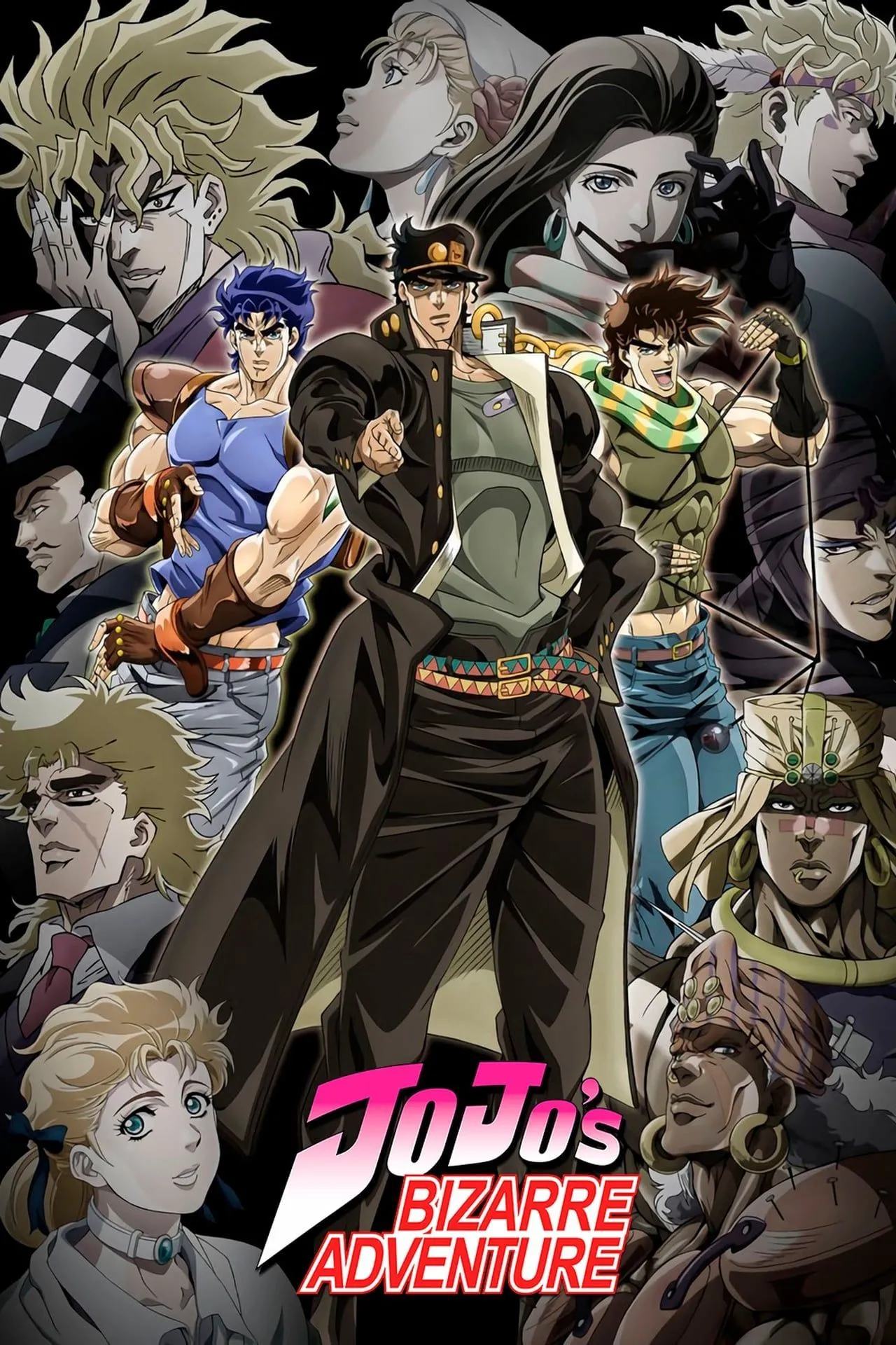 Poster của anime JoJo's Bizarre Adventure bản 2012 bao gồm các phần đầu tiên