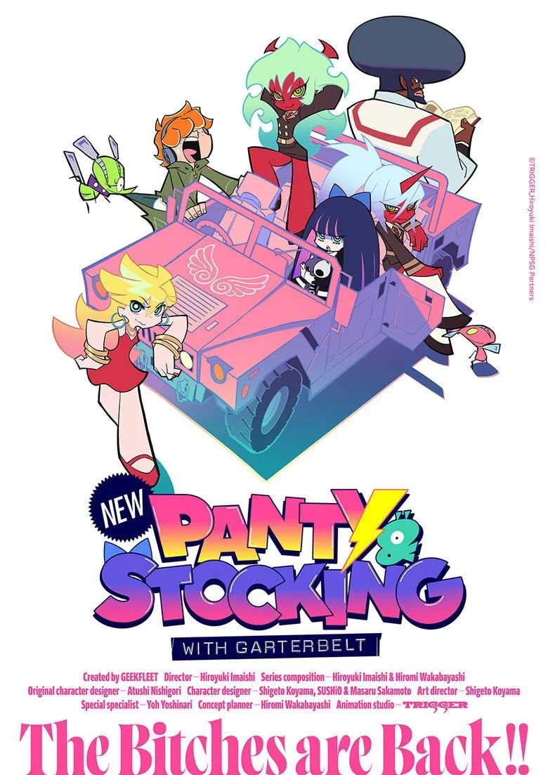Poster của New Panty &amp; Stocking with Garterbelt, series hài hước, hành động quay trở lại mùa hè 2025, với phong cách hoạt hình độc đáo và sự irreverent đặc trưng.