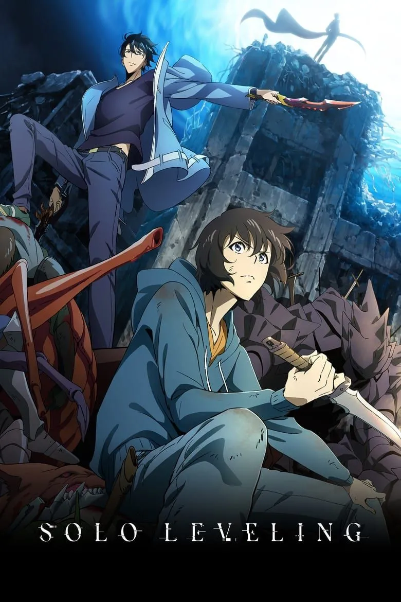 Poster quảng bá chính thức của anime Solo Leveling, với Sung Jinwoo và các nhân vật quen thuộc